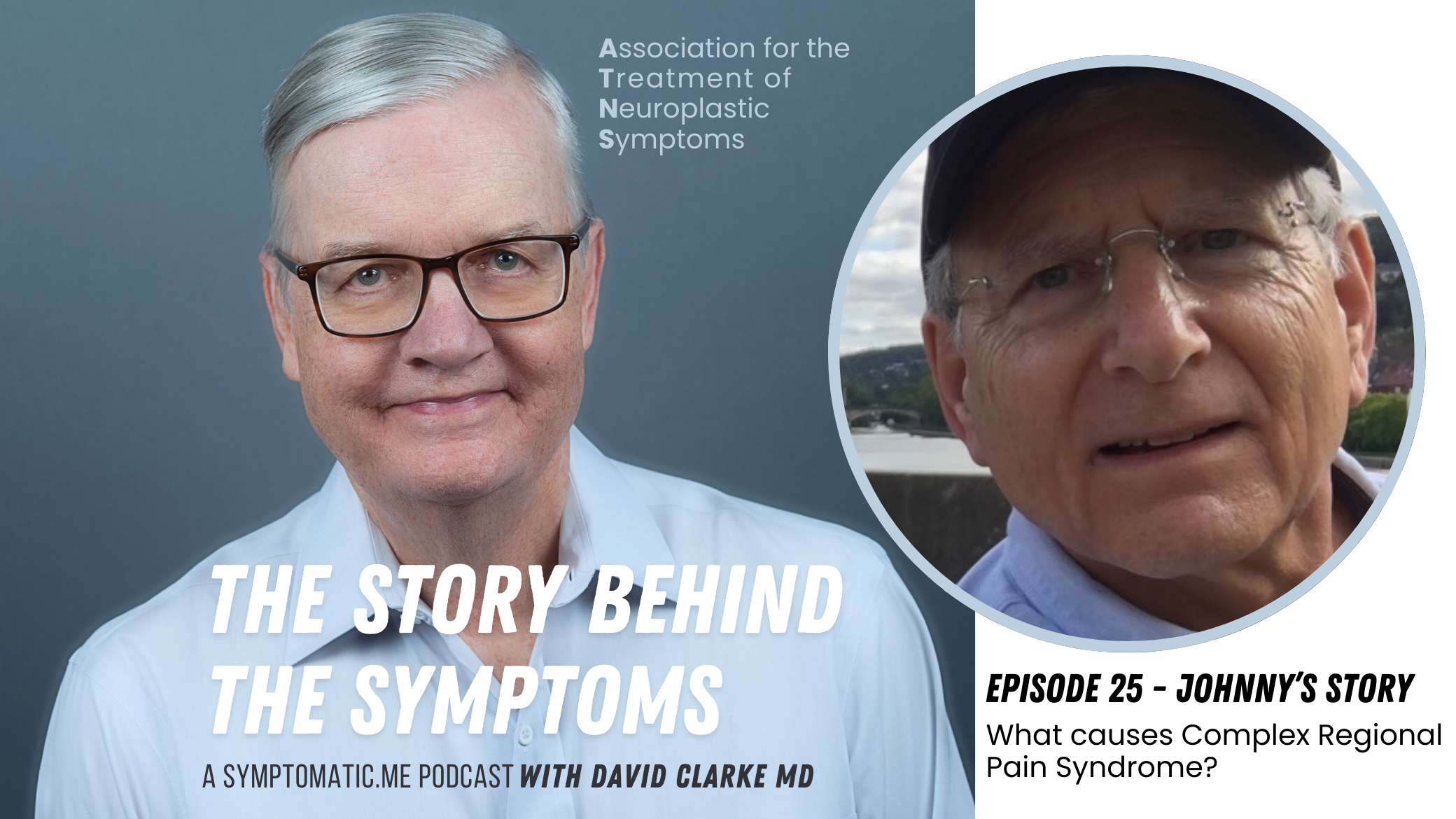 Promotional graphic for a podcast episode titled 'The Story Behind the Symptoms' featuring Dr. David Clarke, with images of two men, one with gray hair and glasses, and the other wearing a cap, discussing complex regional pain syndrome.