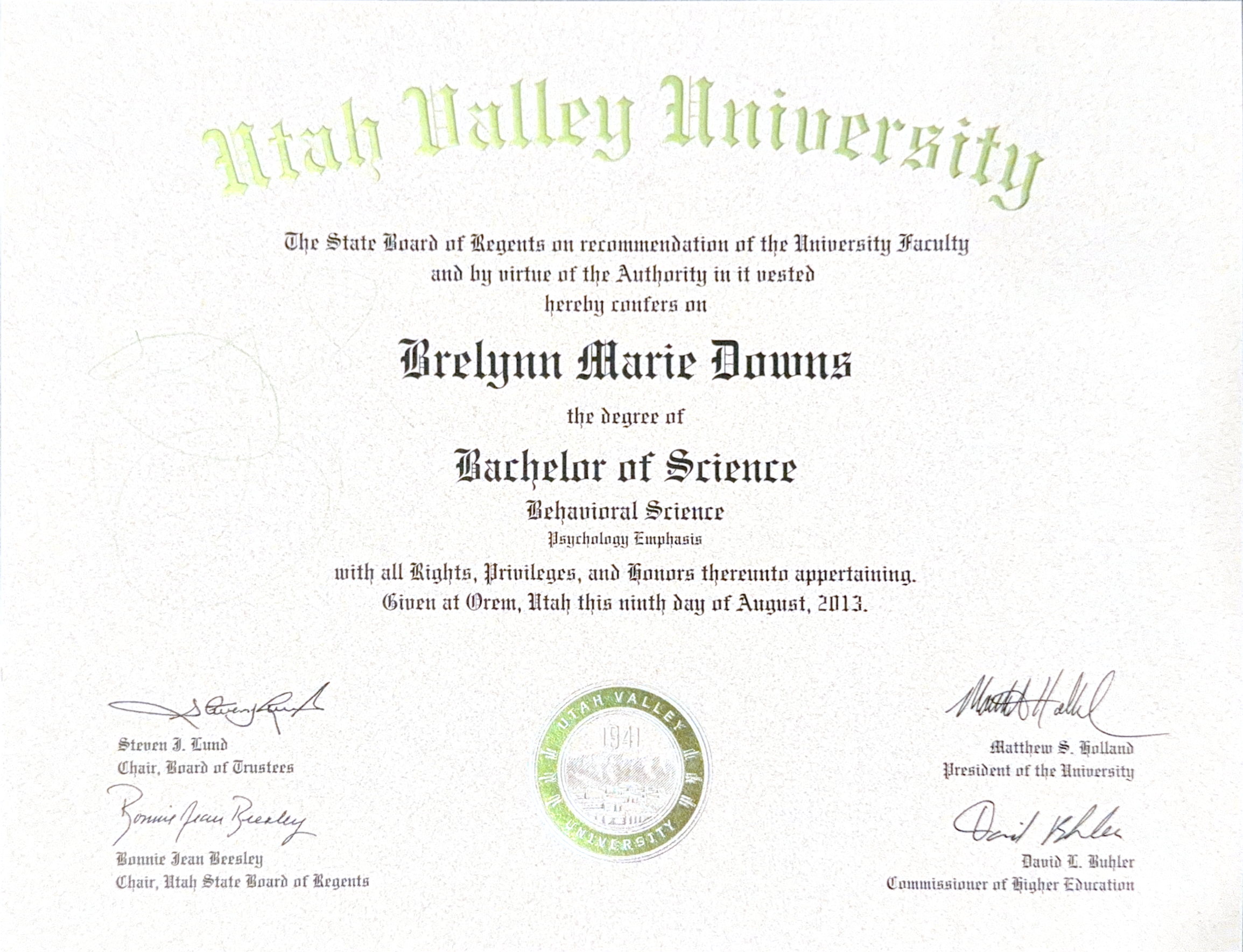 Brelynn Downs Bachelor of Science Degree 2013