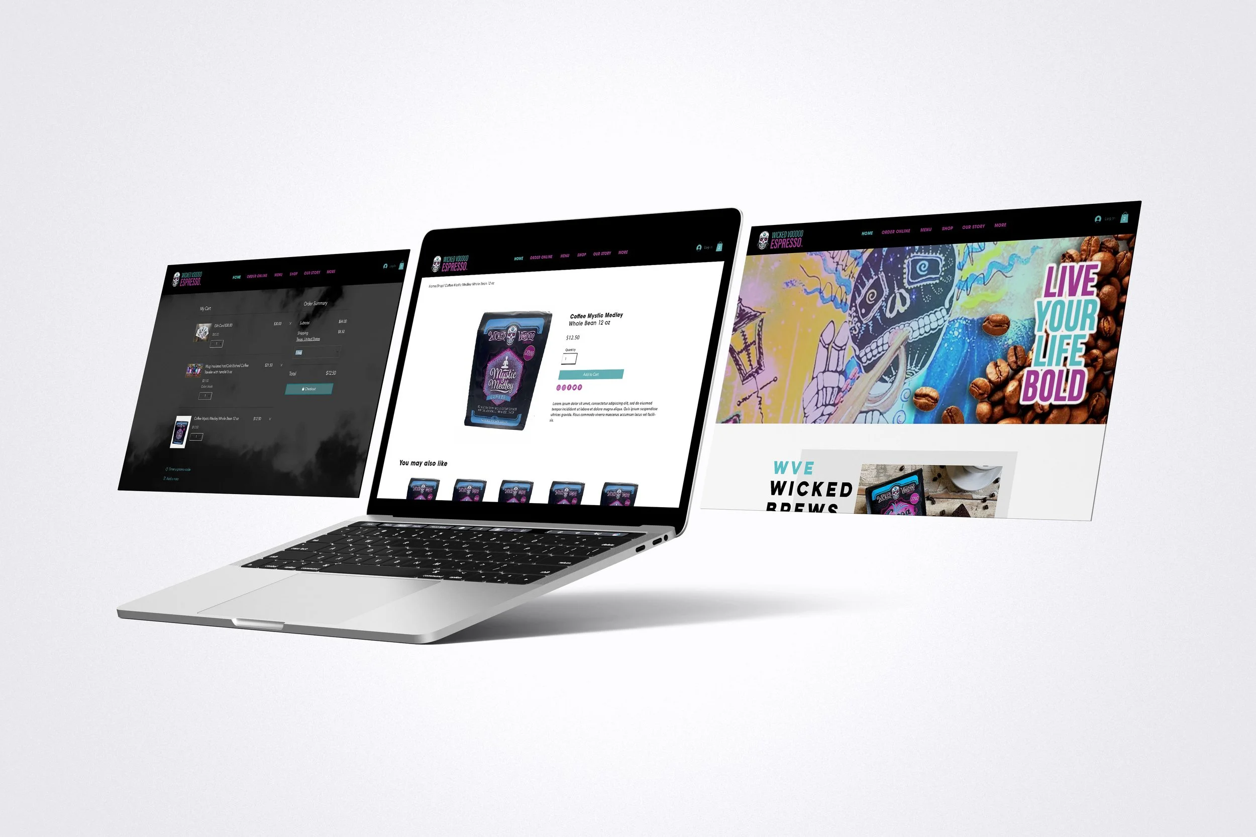 Laptop displaying a coffee-themed website with product pages, including a Mystic Monkey coffee bag. Page links include an order summary, product details, and vibrant graphics with text "Live Your Life Bold."