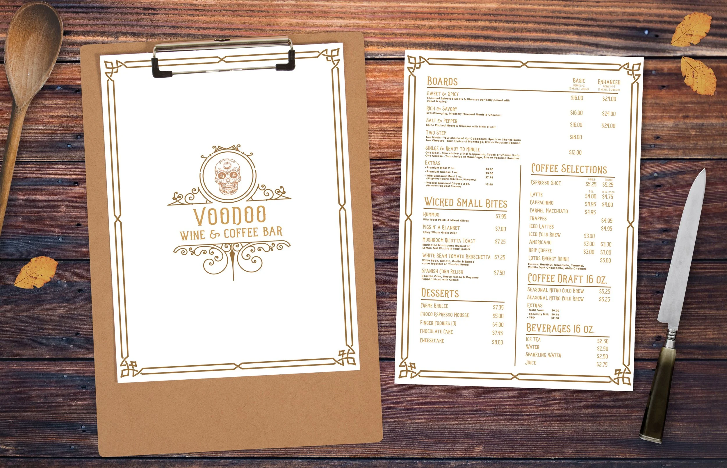 A restaurant menu on a clipboard labeled 'Voodoo Wine & Coffee Bar' with sections for boards, small bites, desserts, coffee selections, and beverages, placed on a wooden table with a wooden spoon and knife nearby.