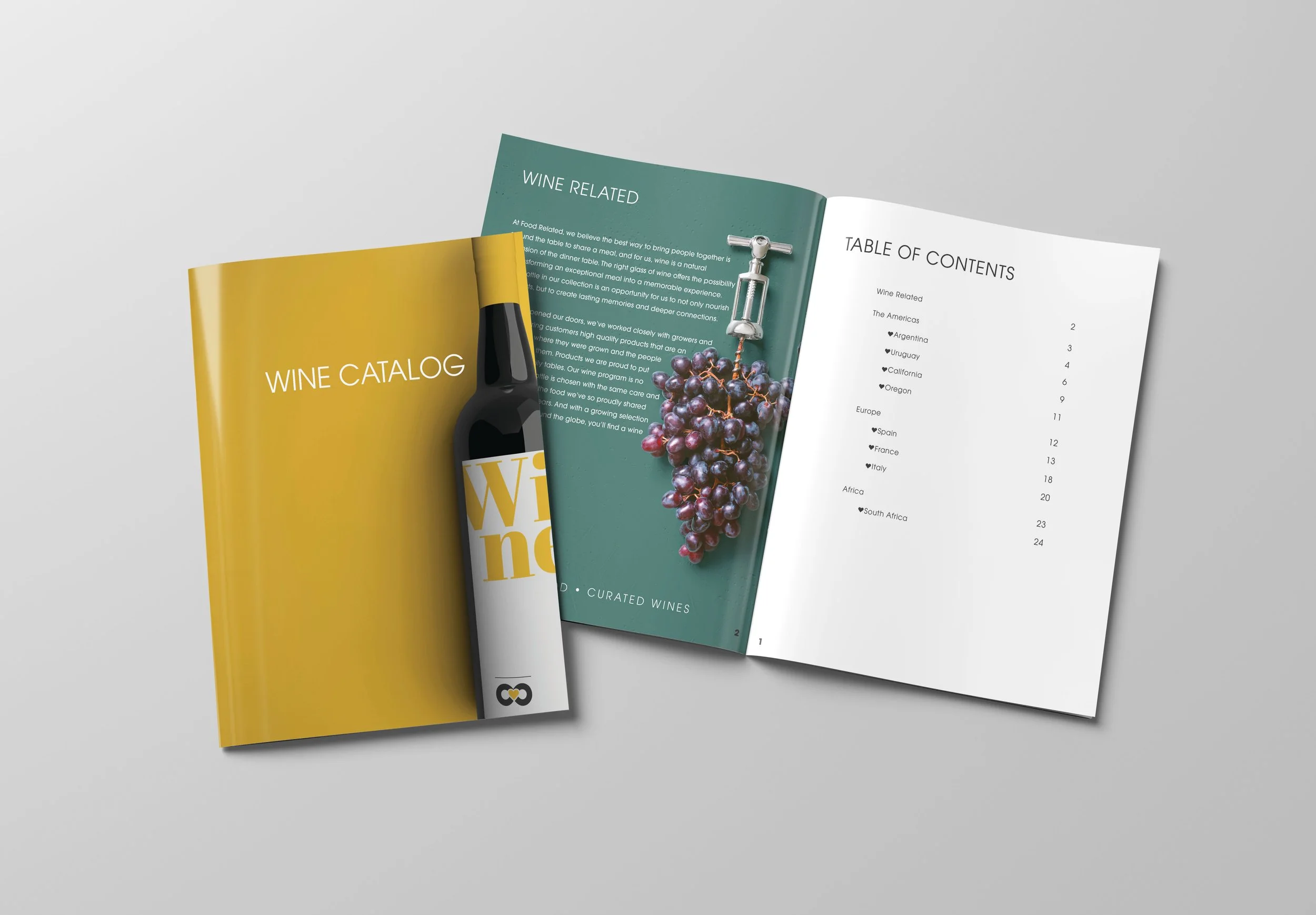Two open pages of a wine catalog with a cover showing a yellow design and partially visible wine bottle. Inside page features grapes with a corkscrew, and the table of contents lists wine regions like Argentina, Uruguay, and Spain.