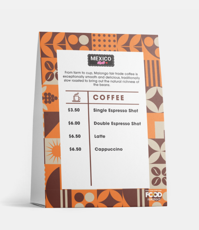 Menu card featuring coffee prices: Single Espresso Shot $3.50, Double Espresso Shot $6.00, Latte $6.50, Cappuccino $6.50. Background with geometric patterns and 'Mexico blend' label.