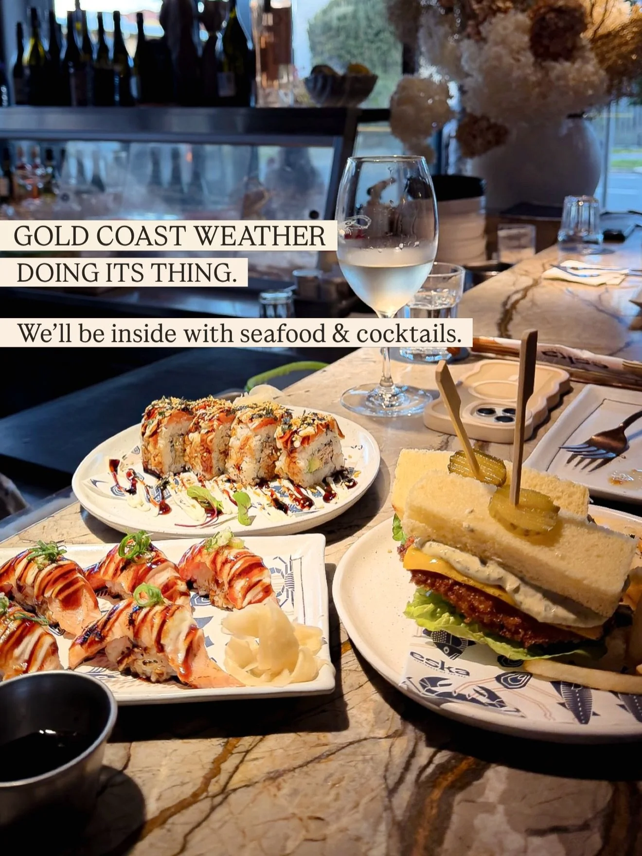 Friday night, from this side of the table.

Seafood to share, cocktails at the bar, a bottle for the table and somewhere warm to settle in for the evening.

With the Gold Coast weather doing its thing today, our outdoor seating may be a little less i
