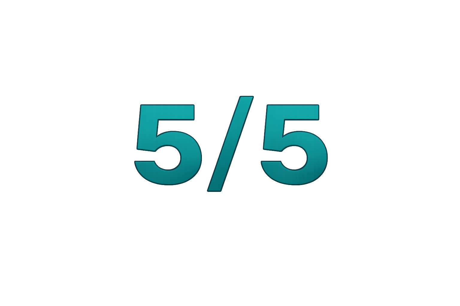 Digital graphic with large turquoise bitcoin logo and the text "5/5" overlaid in the center, with a dark futuristic background.