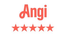 Text reading 'Angi' with five stars below it, all in red on a black background.