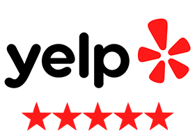 Yelp logo with five red stars underneath.