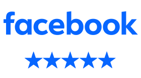 Facebook logo with five blue stars below