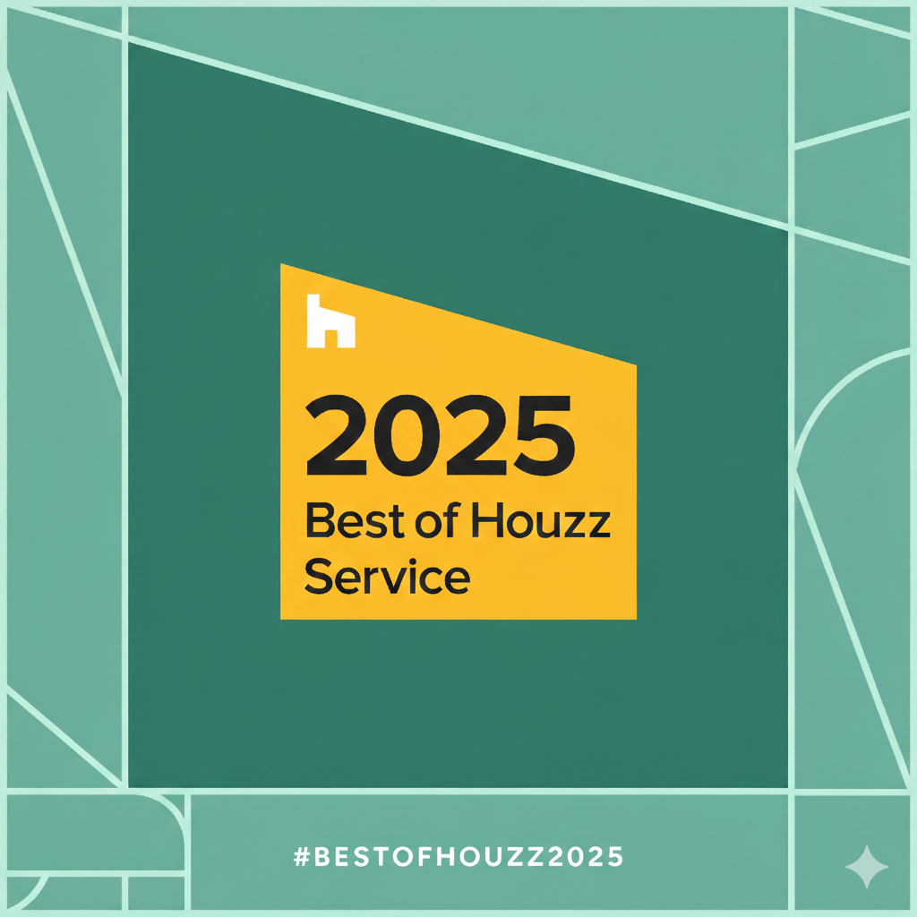 Award certificate for the 2025 Best of Houzz Service with a teal background and geometric design elements.