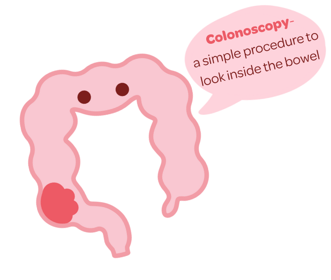 A cartoon illustration of a smiling colon with eyes and a speech bubble explaining colonoscopy as a simple procedure to look inside the bowel.