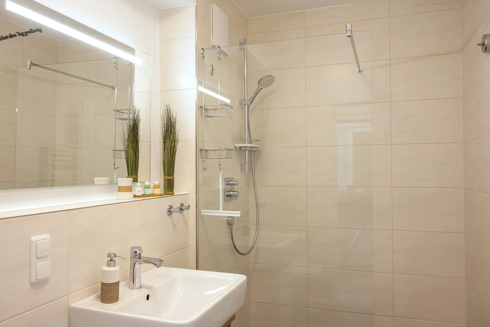 Ein kleines Badezimmer mit einer weißen Wasch basin, einem großen Spiegel und einer Dusche mit Glasabtrennung und Brause. Dekorative Pflanzen und Pflegeprodukte sind auf der Fensterbank.