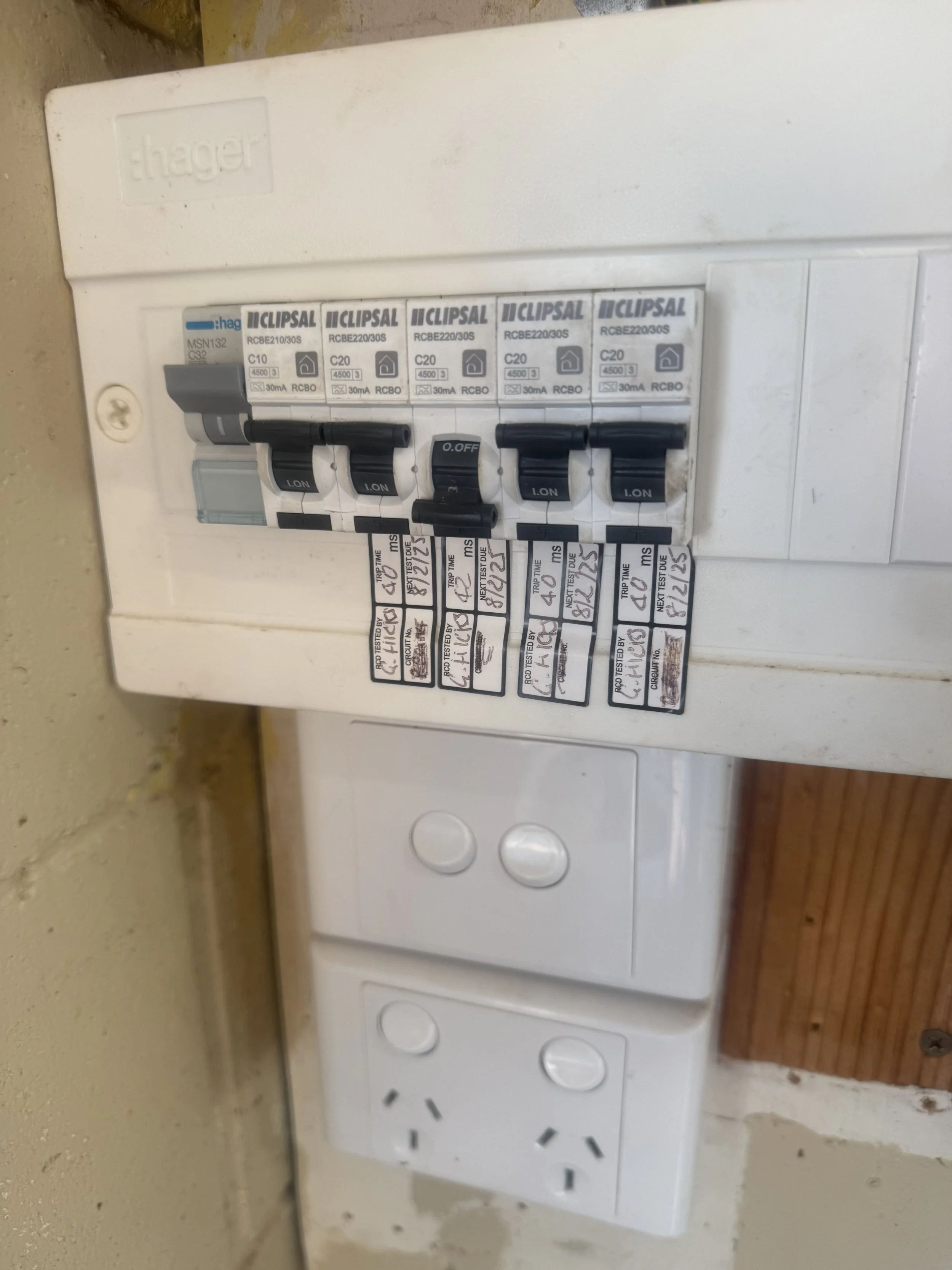 RCD and safety switch test with compliance tagging completed.