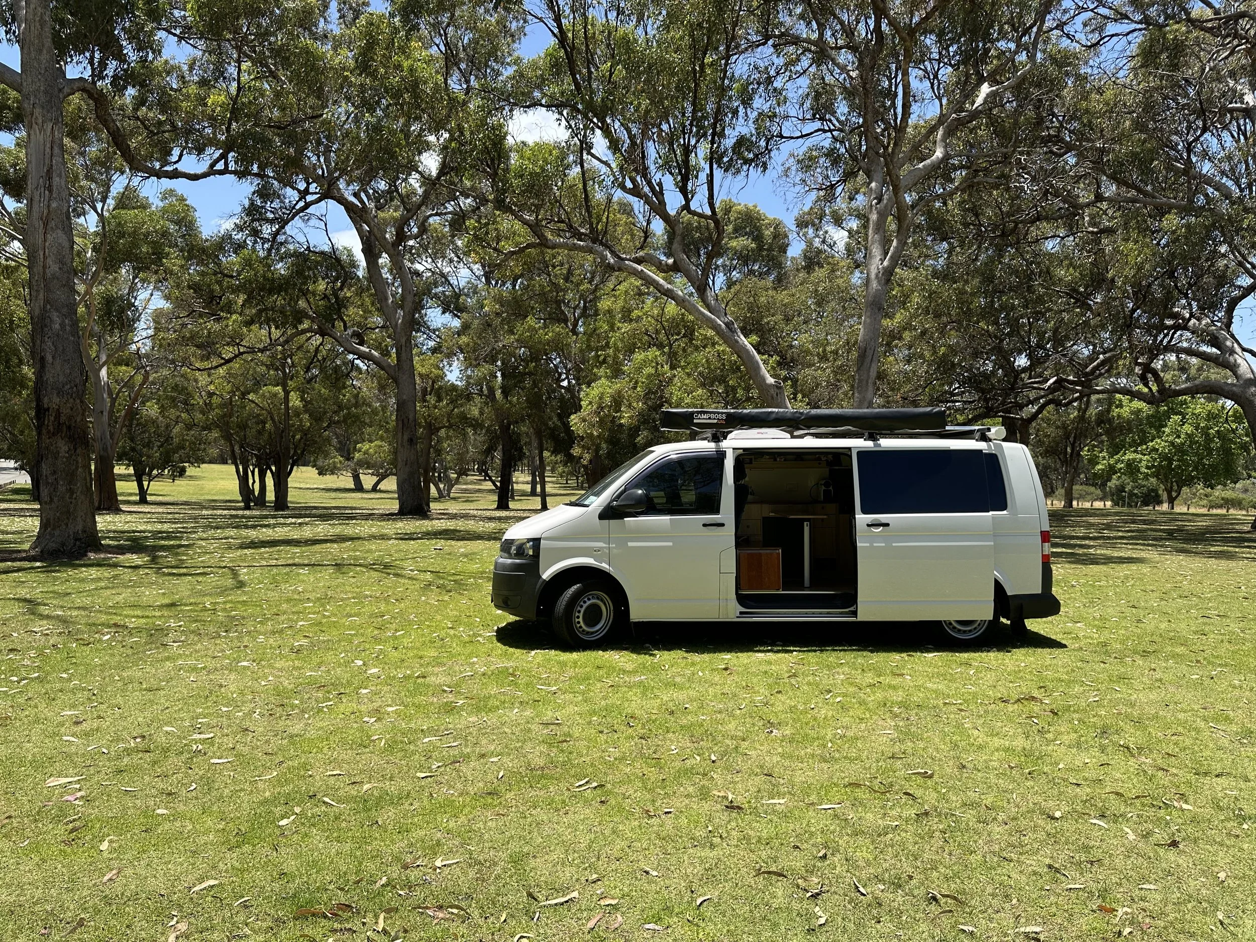 White camper van parked on grassy area with trees and blue sky in the background.