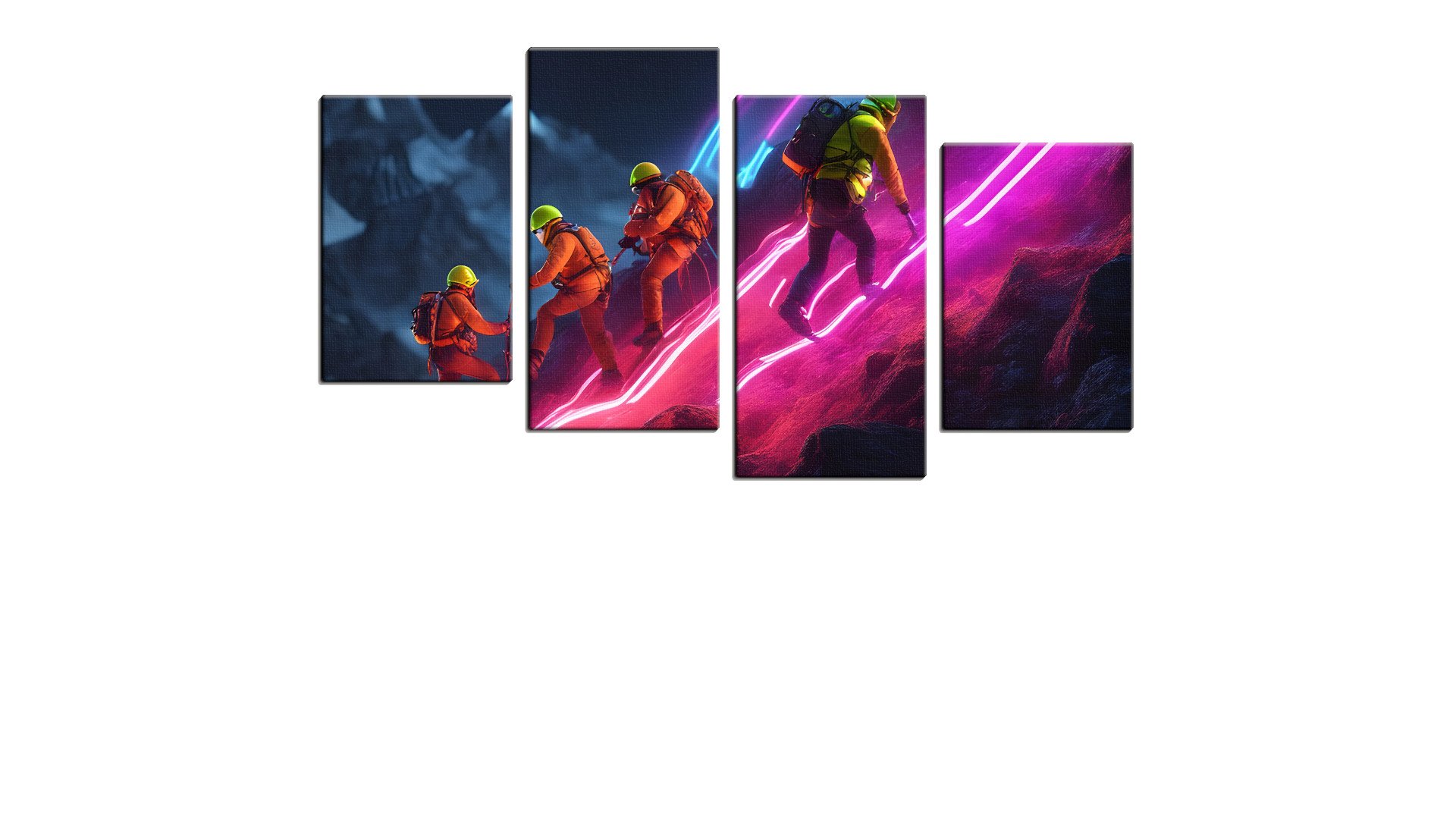 Group of Climbers Scaling a Neon Volcano