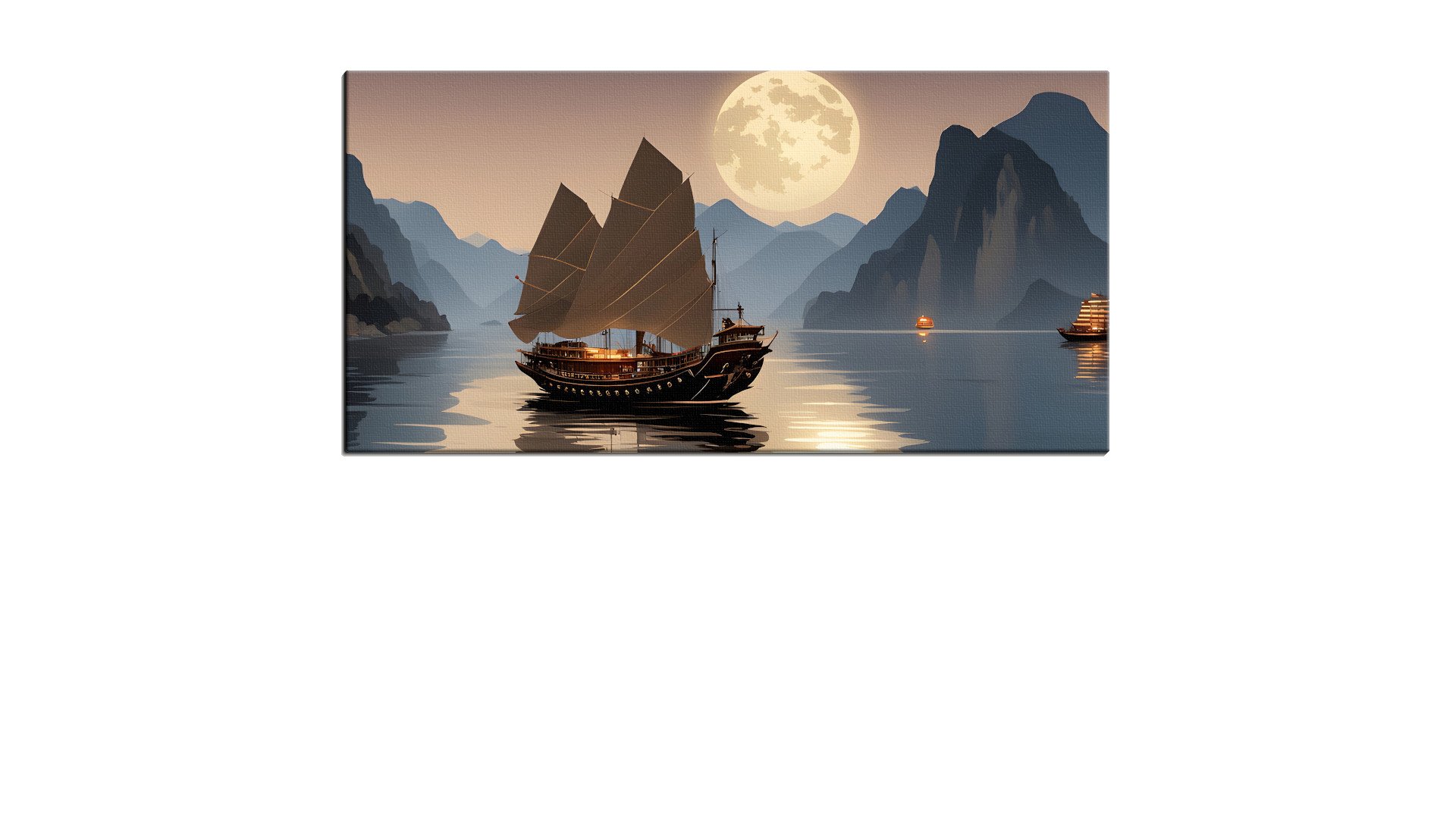 Junk Boat Sailing under the Moon