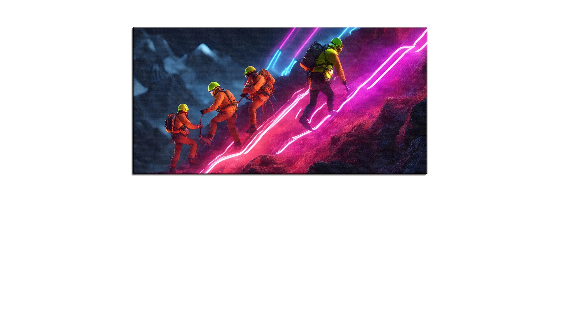 Group of Climbers Scaling a Neon Volcano