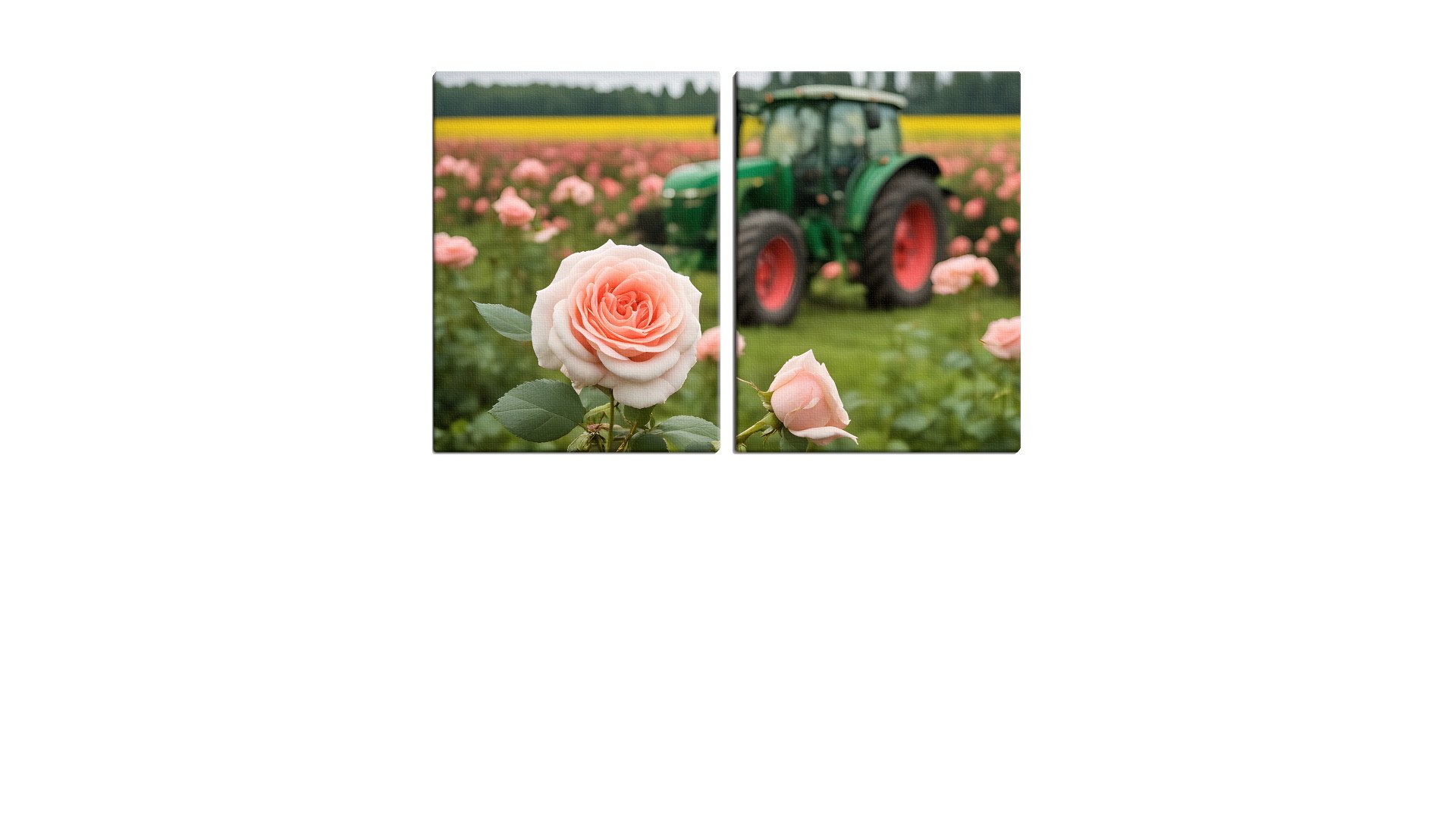 Green Tractor in a field of Pink Roses