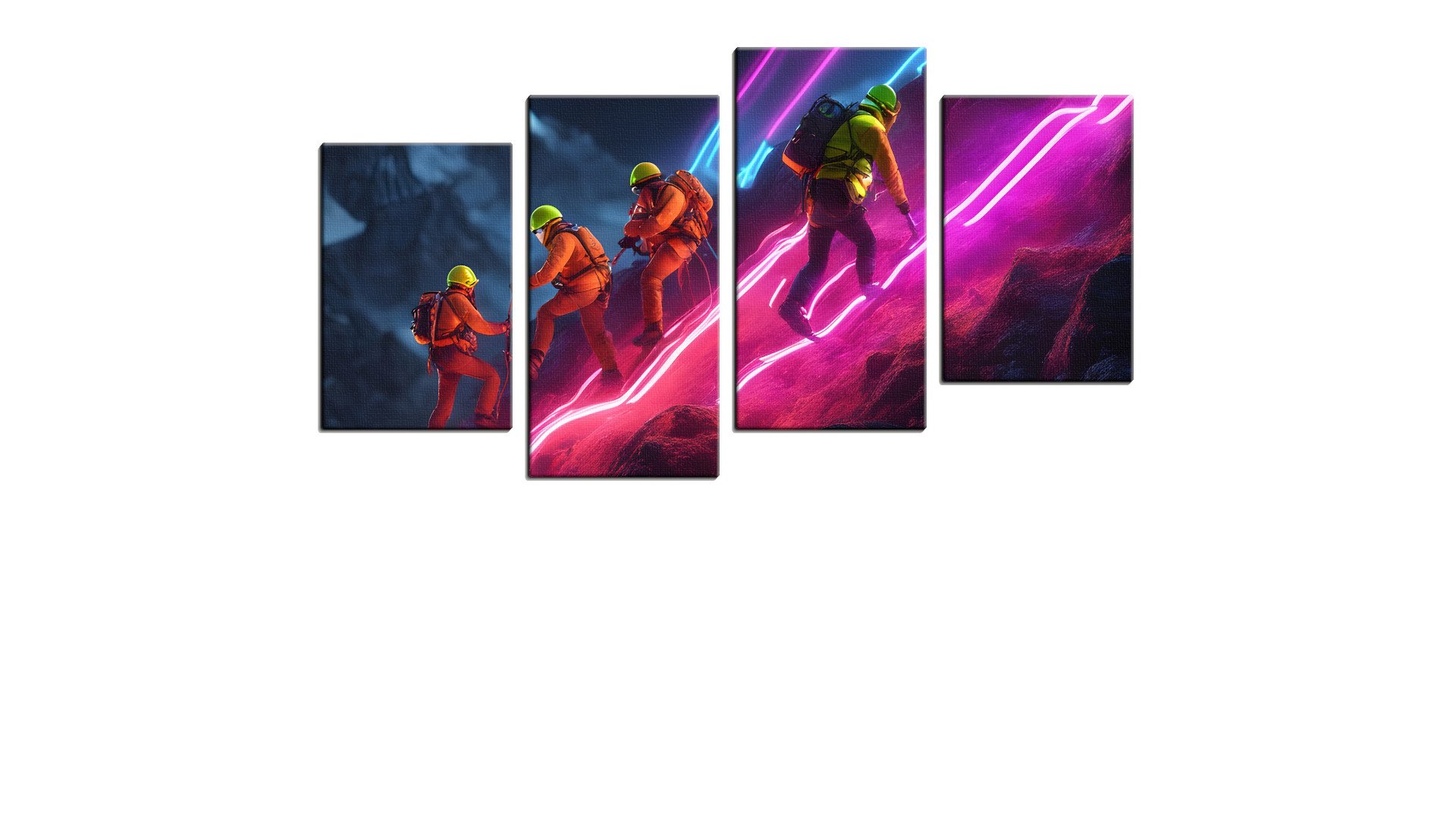 Group of Climbers Scaling a Neon Volcano