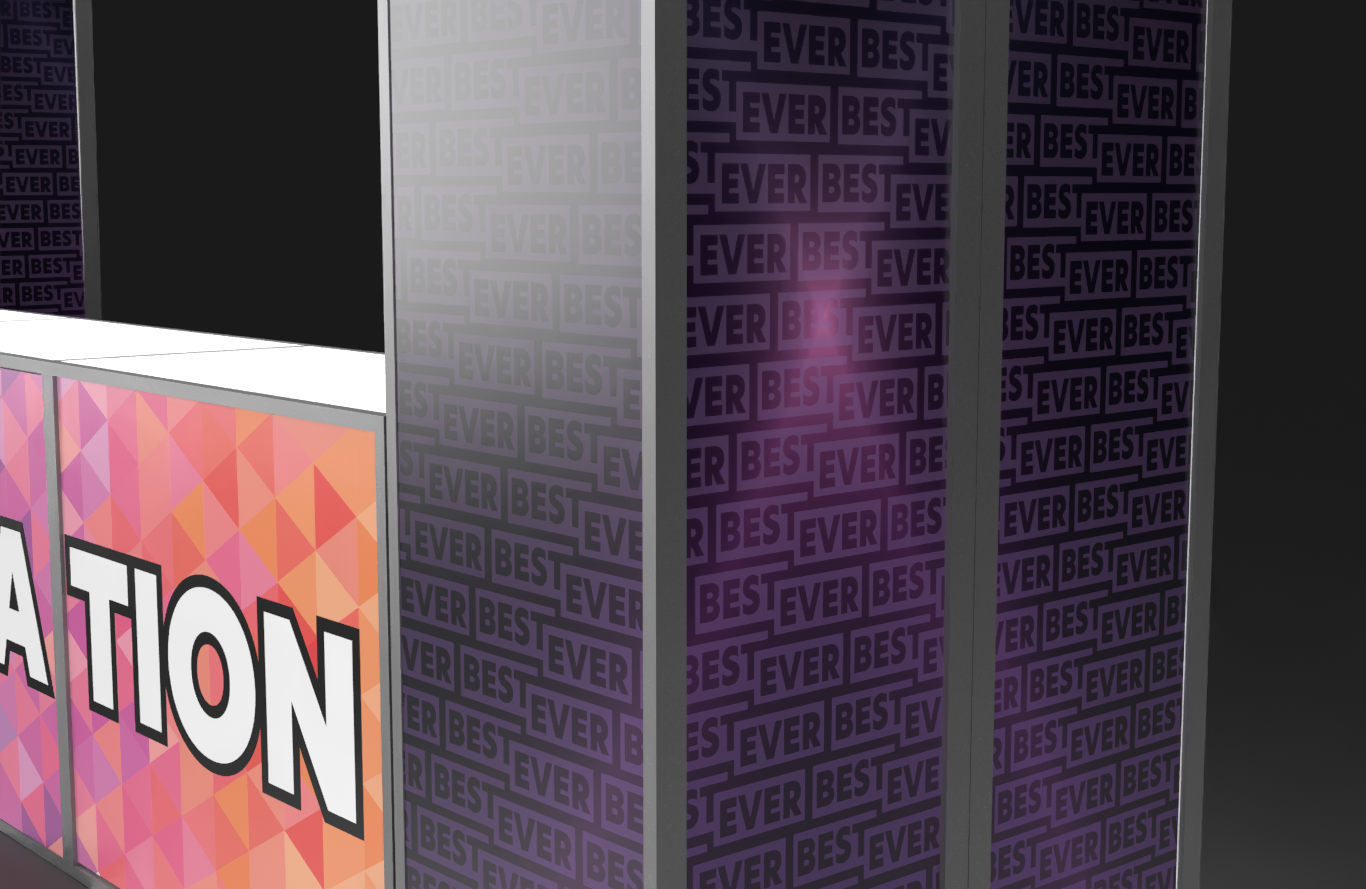 A detail from a 3D render of a registration counter concept, showing the step and repeat pattern in context. The clean repeat was the point — this is what it looks like when the pattern has somewhere to live.