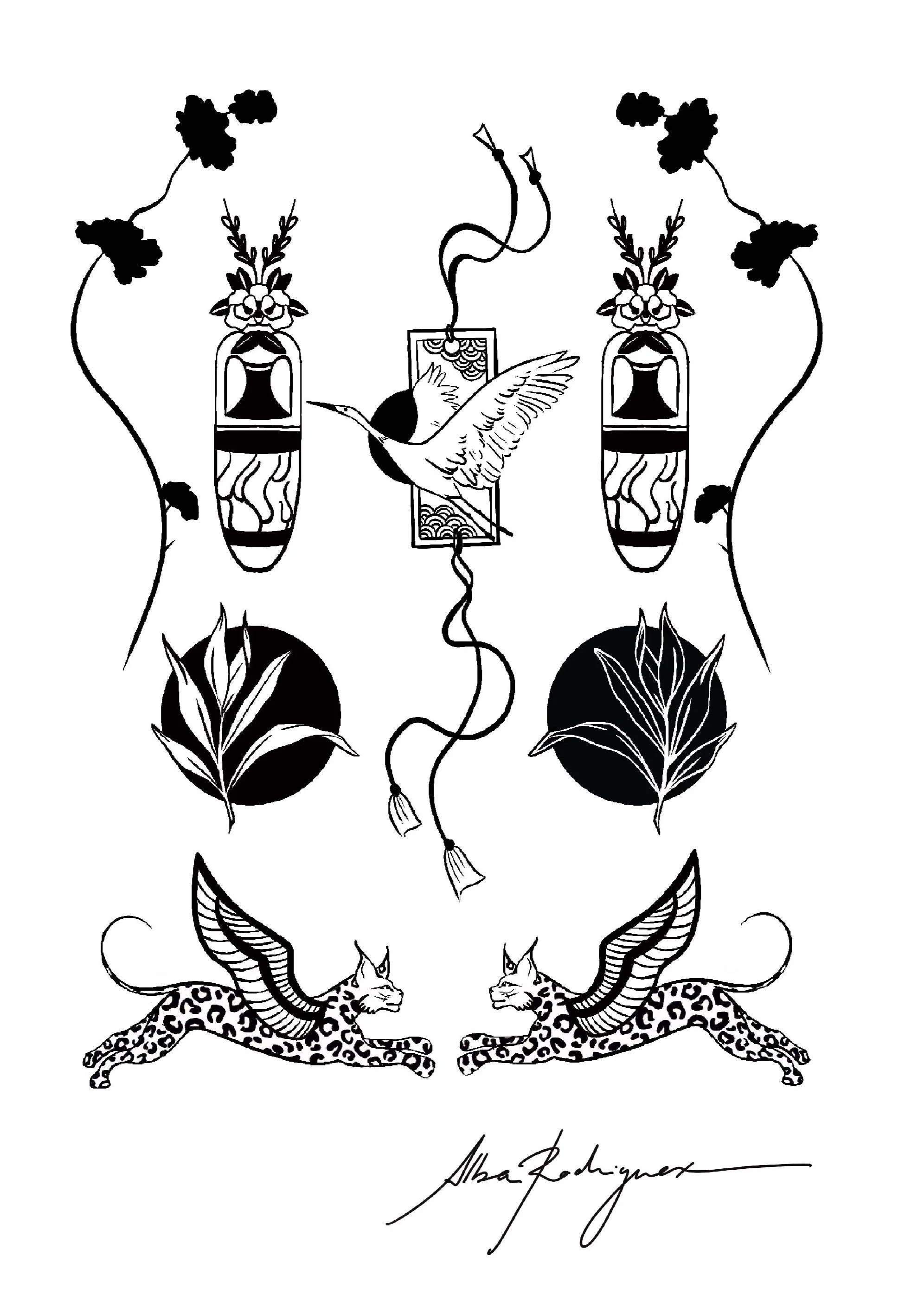Black and white illustration featuring two leopards with wings at the bottom, two plants with leaves in circles, two patterned masks or faces in elongated shapes with floral and wave designs, a hummingbird in the center, and various abstract decorative elements.