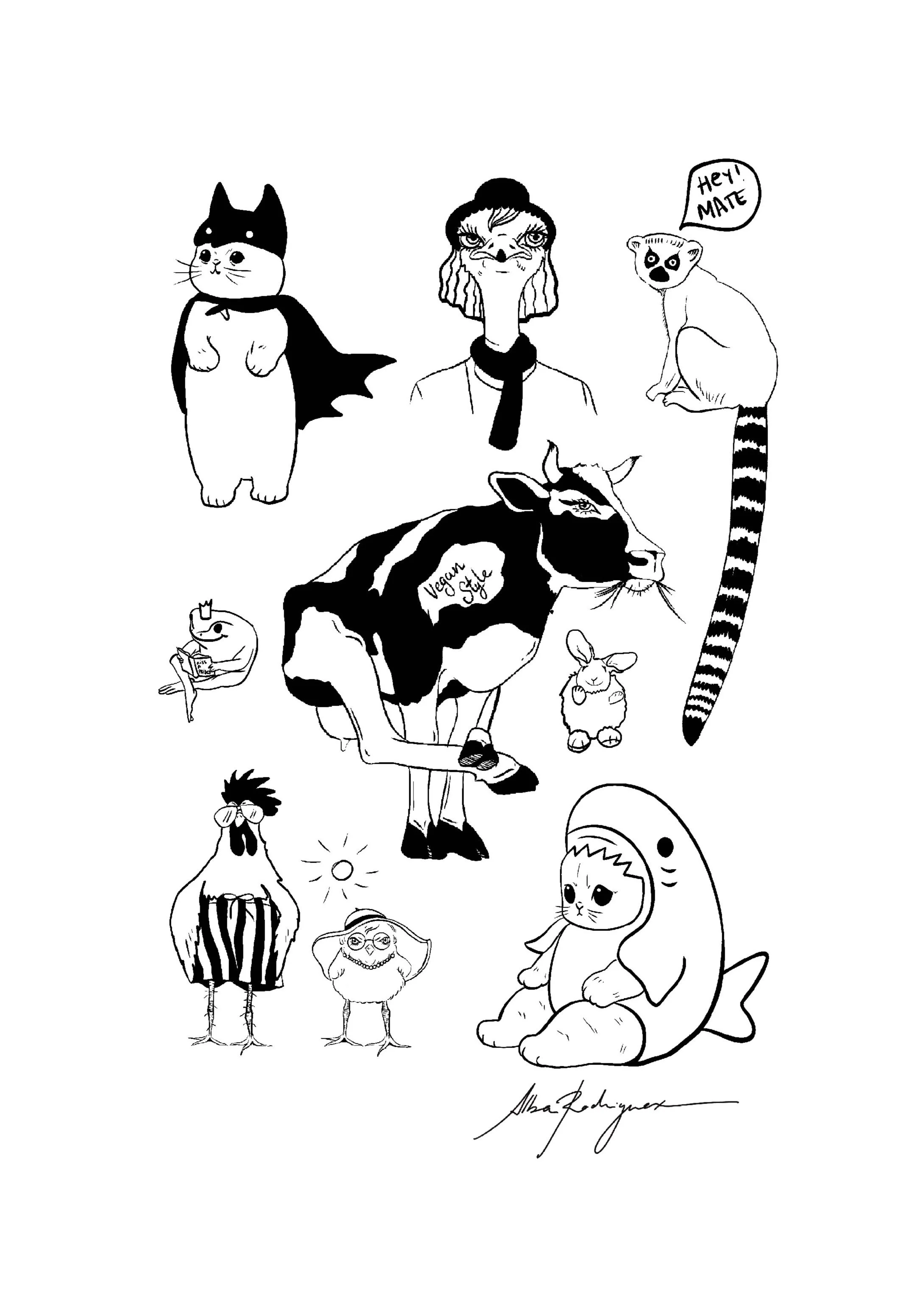 Black and white illustration of various animals and a person, including a cat dressed as a superhero, a goat with a 'Vegan Style' badge, a raccoon with a speech bubble saying 'Hey! Mate', an ostrich, a frog with a tablet, a bunny, a chick, a girl in a shark costume, and a fish with a hat.