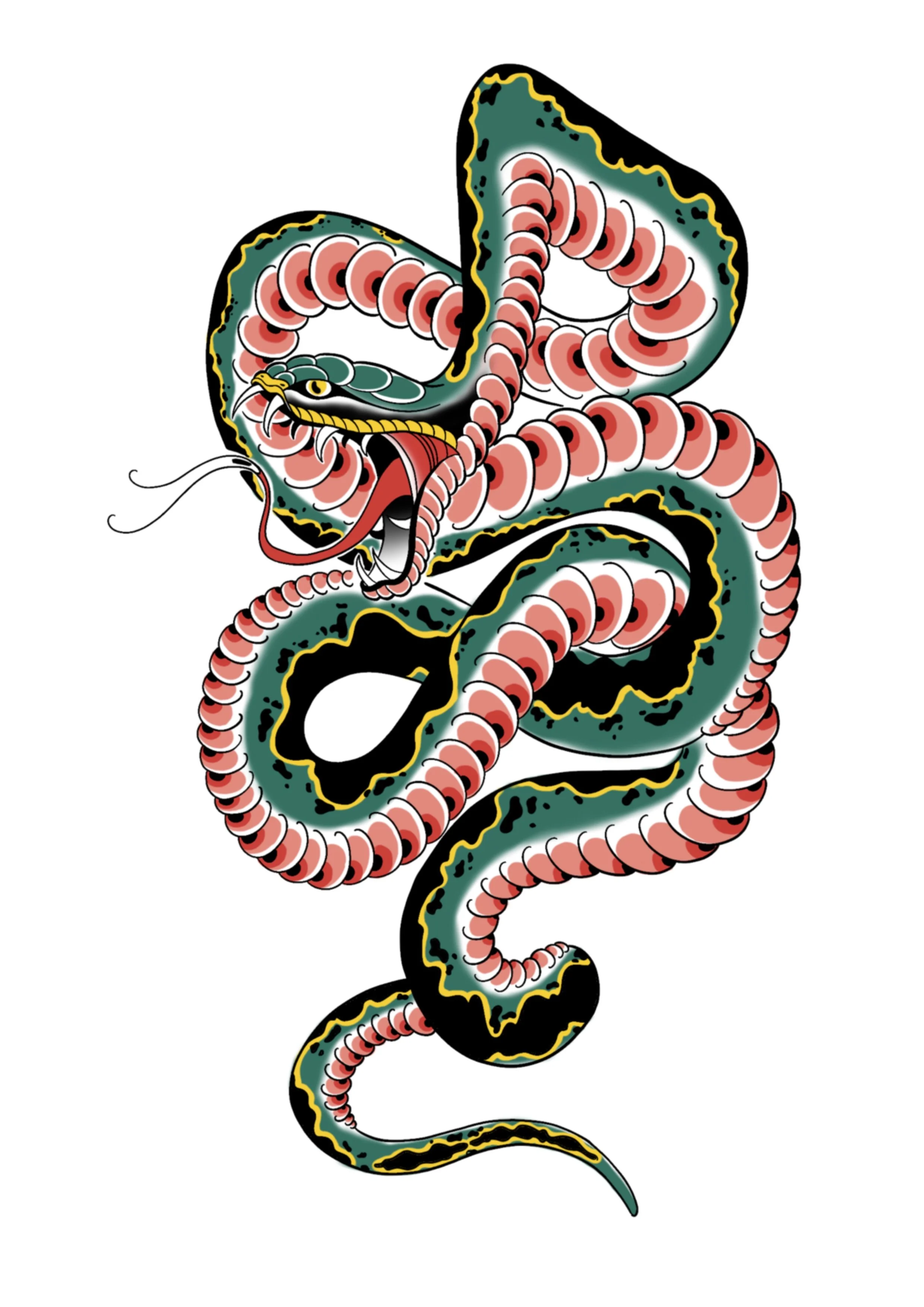 A stylized illustration of a snake with its mouth open and tongue extended, intertwined with a coiled pinkish tentacle with white rings, set against a plain white background.