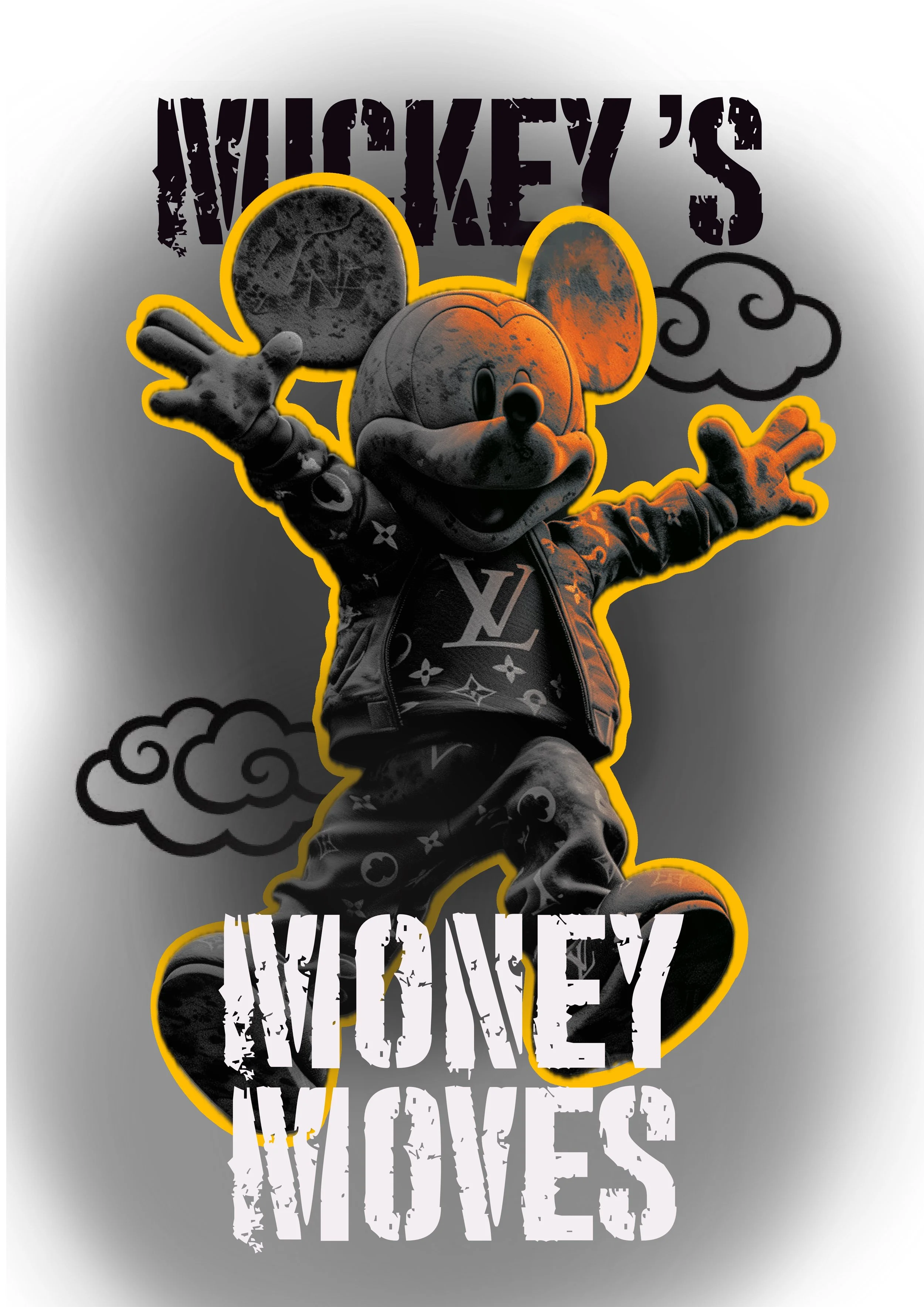 Japanese-themed artwork with a smiling calico cat wearing a spiked collar, surrounded by blowing pink cherry blossoms, a goldfish among bubbles, a peach tree with three peaches, and hanging decorative bells and bows against a light pink background.