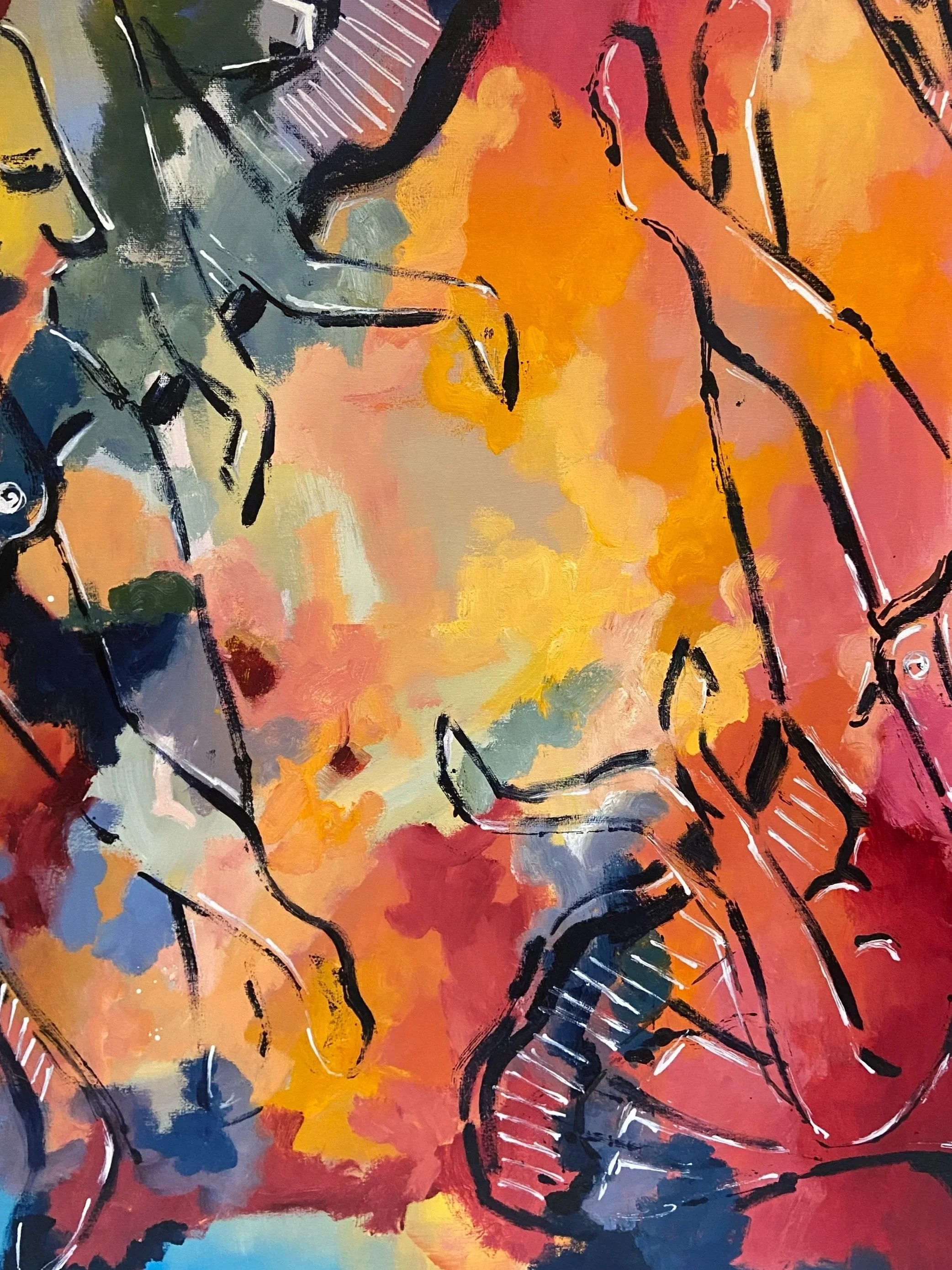 Abstract painting with colorful background in shades of orange, pink, yellow, and blue, with black and white line accents.