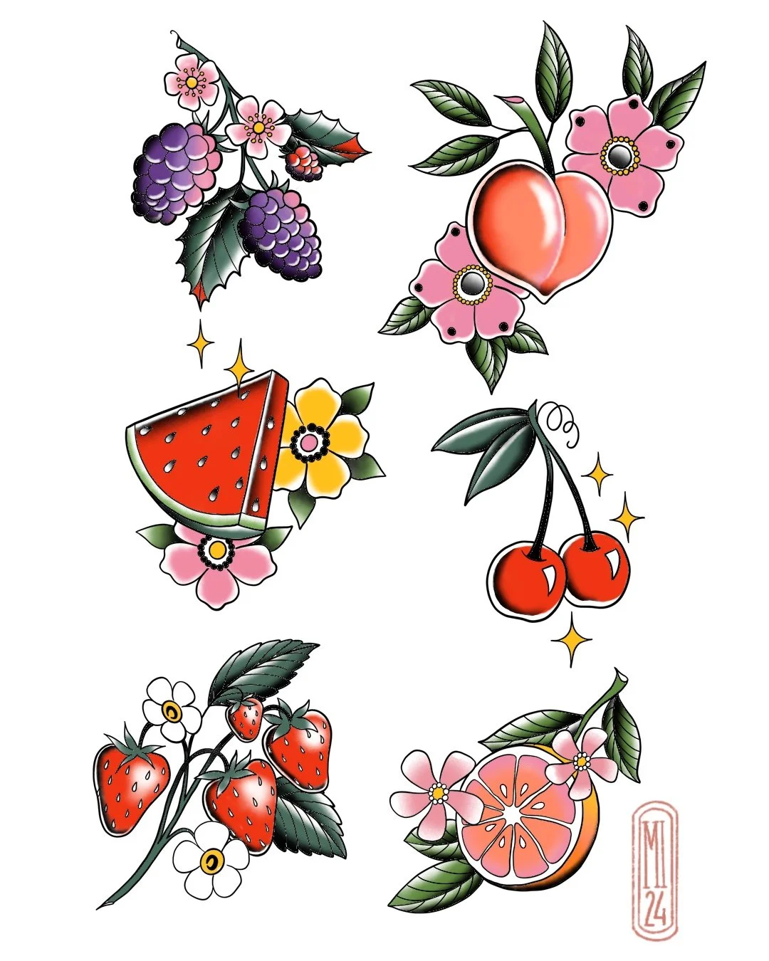 Tattoo of a strawberry plant with two strawberries, pink flowers, and green leaves on a person's forearm, with a smaller, simpler beer mug tattoo above it.