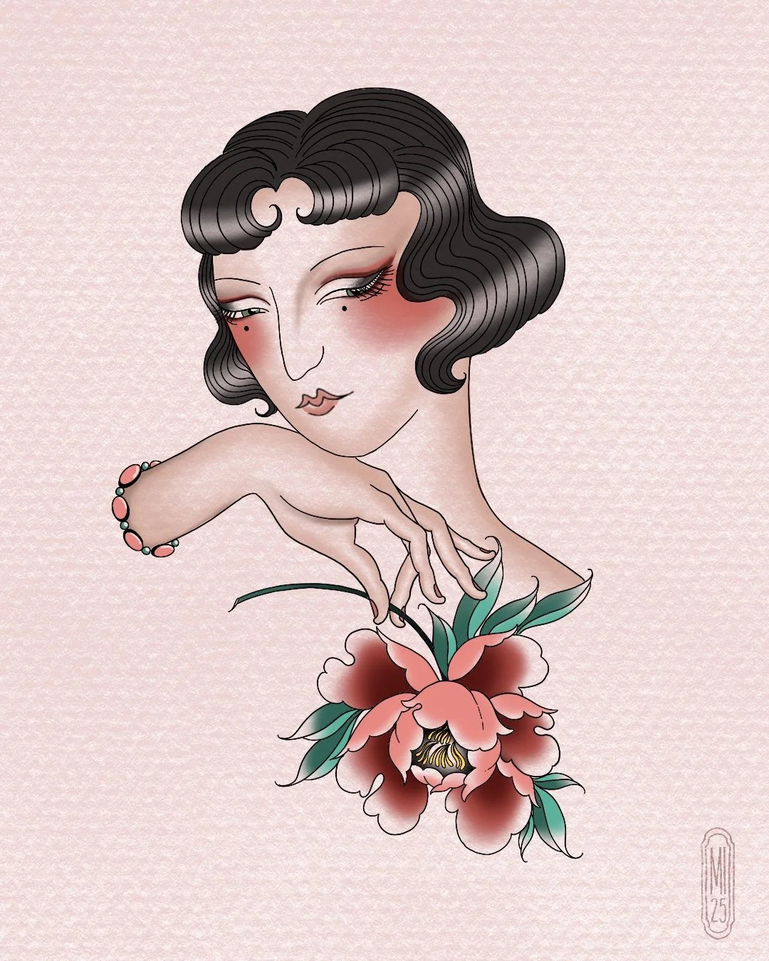 A stylized illustration of a woman with black wavy hair, blushing cheeks, and closed eyes, holding a pink flower with green leaves against a soft pink background.