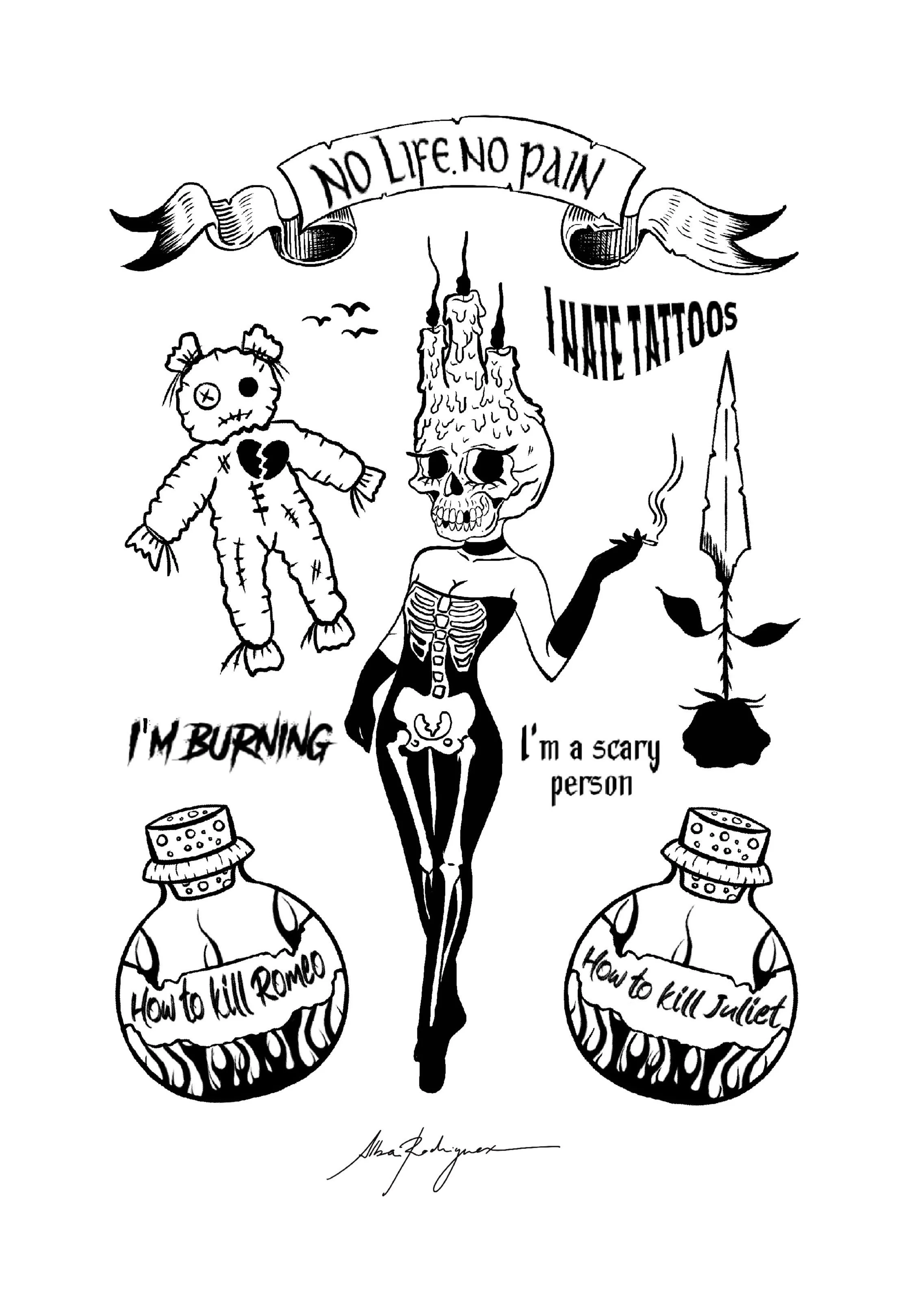 Black and white illustration featuring a skeleton woman with a candle skull, a creepy doll, a mushroom smoking, and potion bottles labeled 'How to kill Romeo' and 'How to kill Juliet'. Contains phrases like 'No life. No pain,' 'I'm burning,' and 'I'm a scary person'.