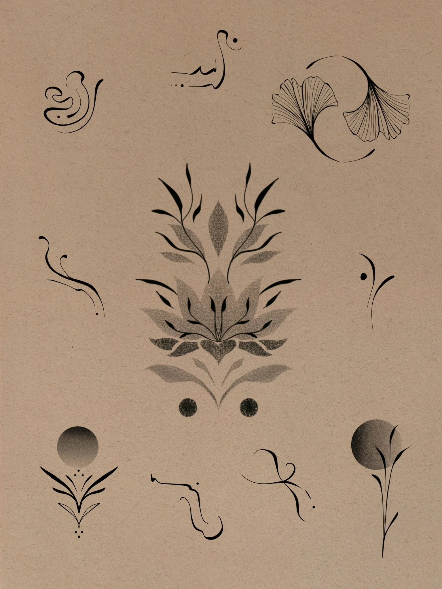 Abstract floral and geometric design with stylized leaves, circles, and line art on a beige background.