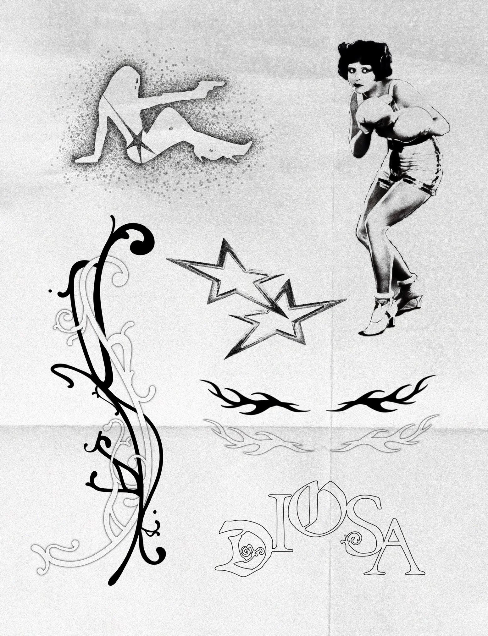 A collage featuring a silhouette of a woman sitting and pointing a gun, a pin-up style woman in shorts holding boxing gloves, several star and flame graphics, and the word 'Diosa' in decorative lettering.