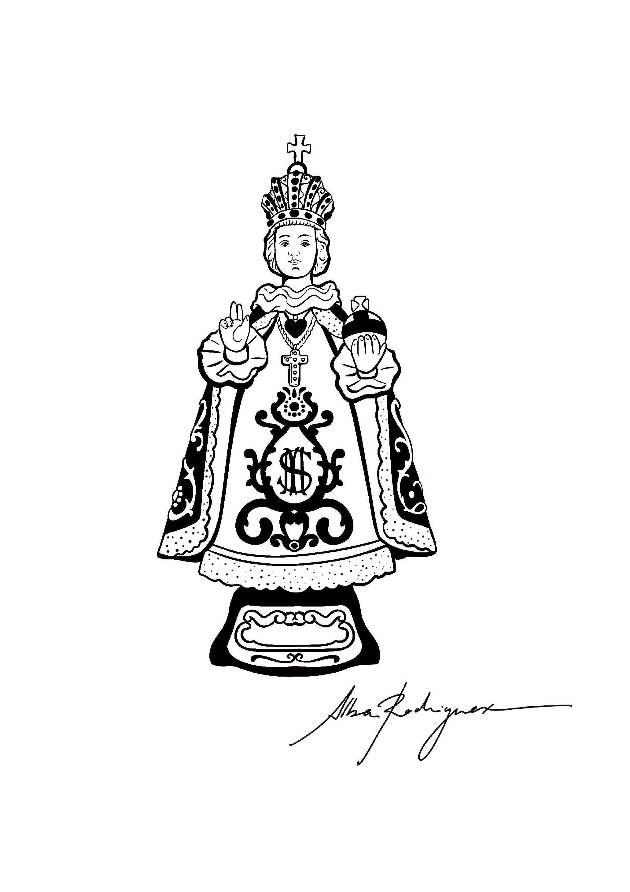 Black and white illustration of Our Lady of Guadalupe, a Catholic religious figure, featuring a woman with a crown and ornate dress standing on a cloud, holding a small object, with the artist's signature below.