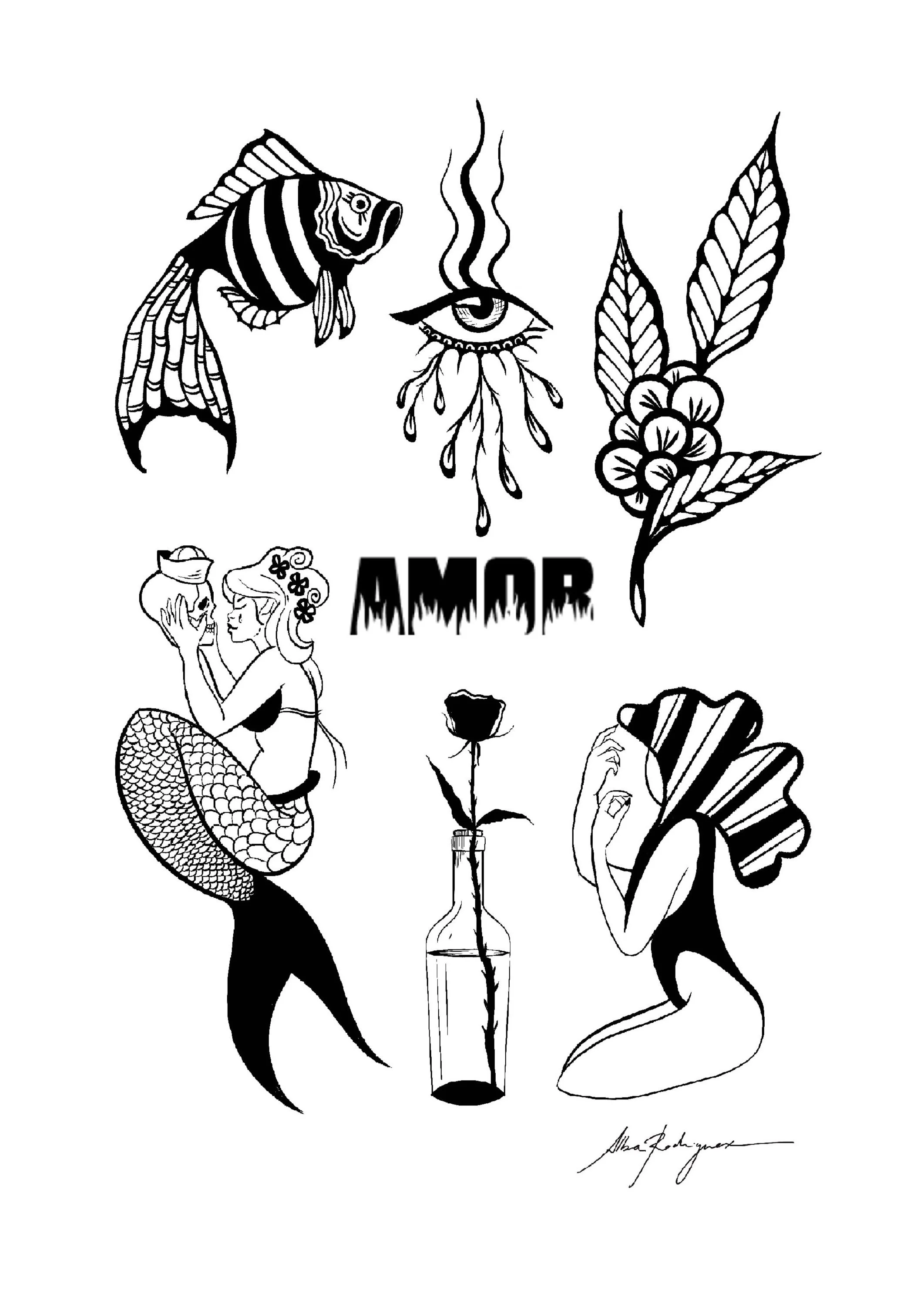 Black and white tattoo-style illustration featuring a fish, a single eye with tears, a branch with flowers and leaves, a mermaid holding a seashell, a rose in a bottle, and a woman with butterfly wings covering her face. The word 'AMOR' appears in bold, stylized letters in the center.