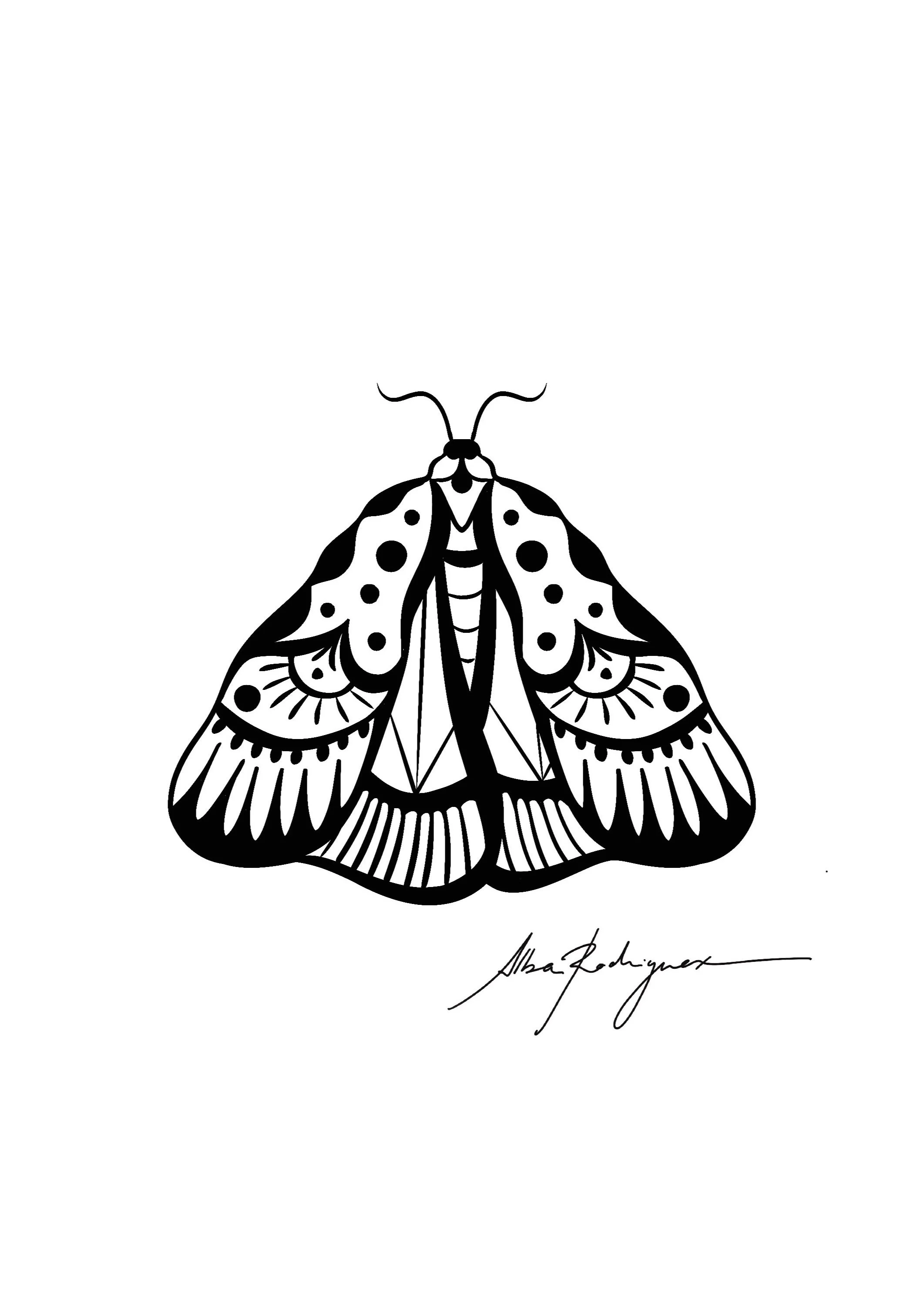 Black and white artistic drawing of a moth with detailed patterns on its wings, signed by the artist underneath.