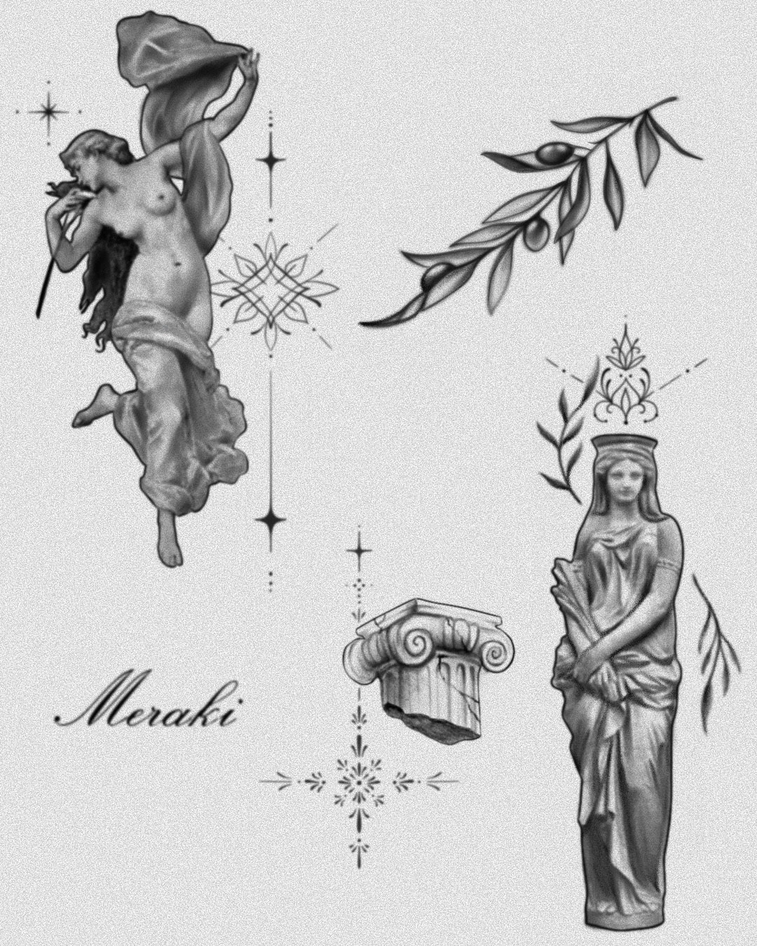 Stylized black and white illustration featuring a classical female statue, a decorative branch with olives, a Roman-style column capital with the number 5, and the word 'Meraki' in cursive.