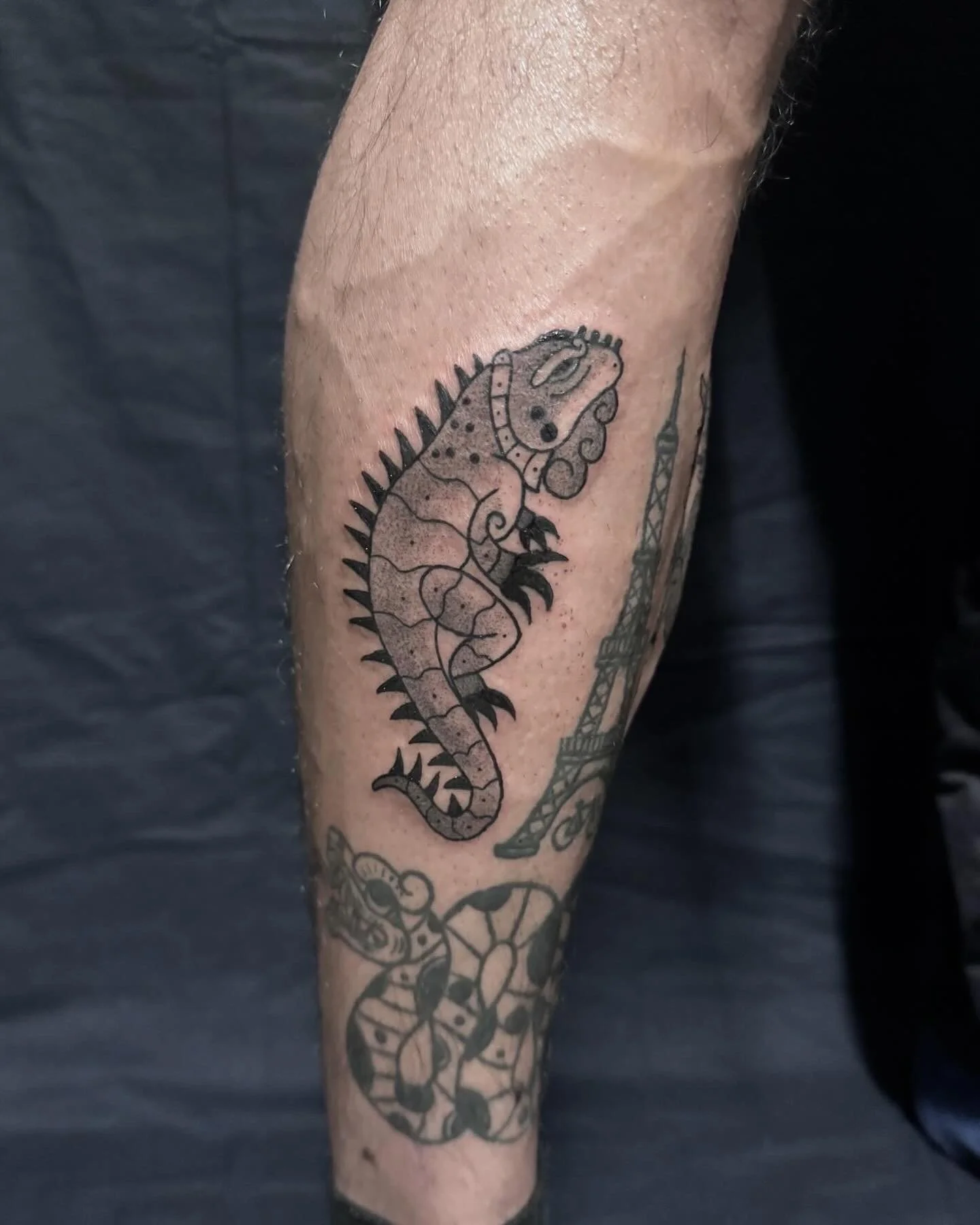 Tattoo of a dinosaur on a person's forearm.