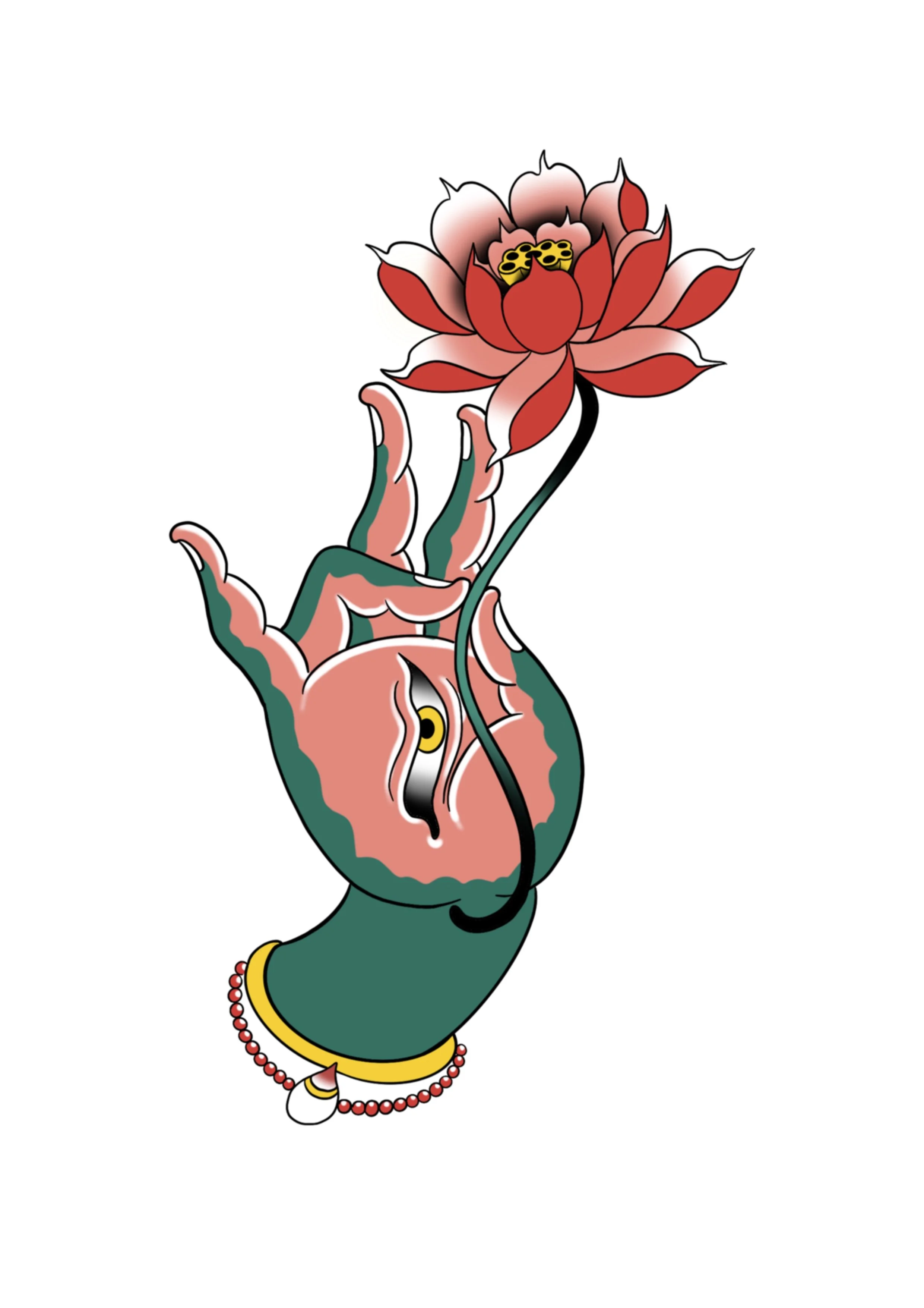 Illustration of a hand with a snake tattoo, holding a blooming red lotus flower. The hand is adorned with a yellow ring, a red beaded bracelet, and a small white accessory.