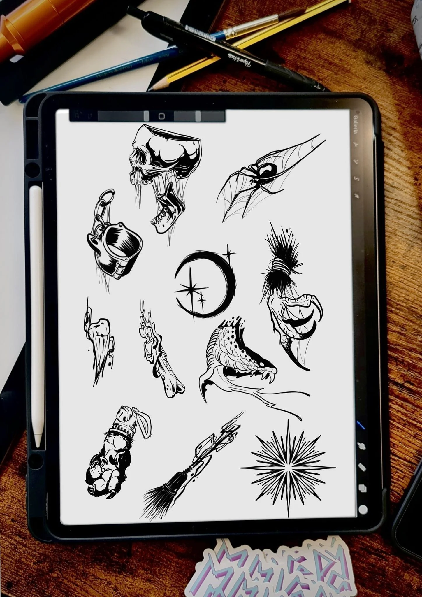 A person with inked tattoo of two jumpers on their chest, wearing bandages on their breasts, standing against a white brick wall.