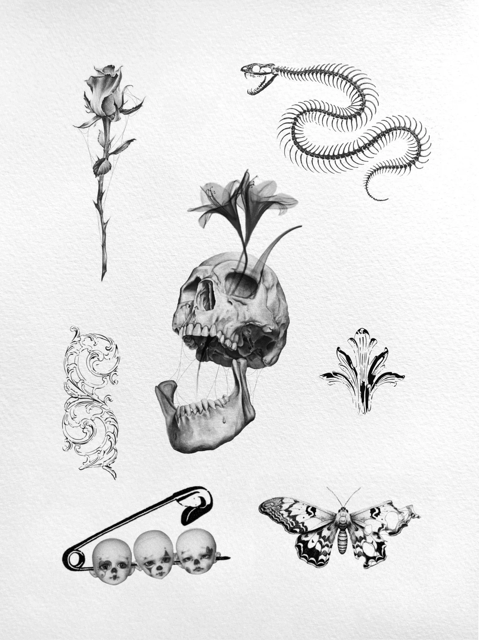 A collage of black and white tattoo-style illustrations, including a rose, a snake, a skull with flowers, decorative designs, a butterfly, and a string of children's faces with a safety pin.