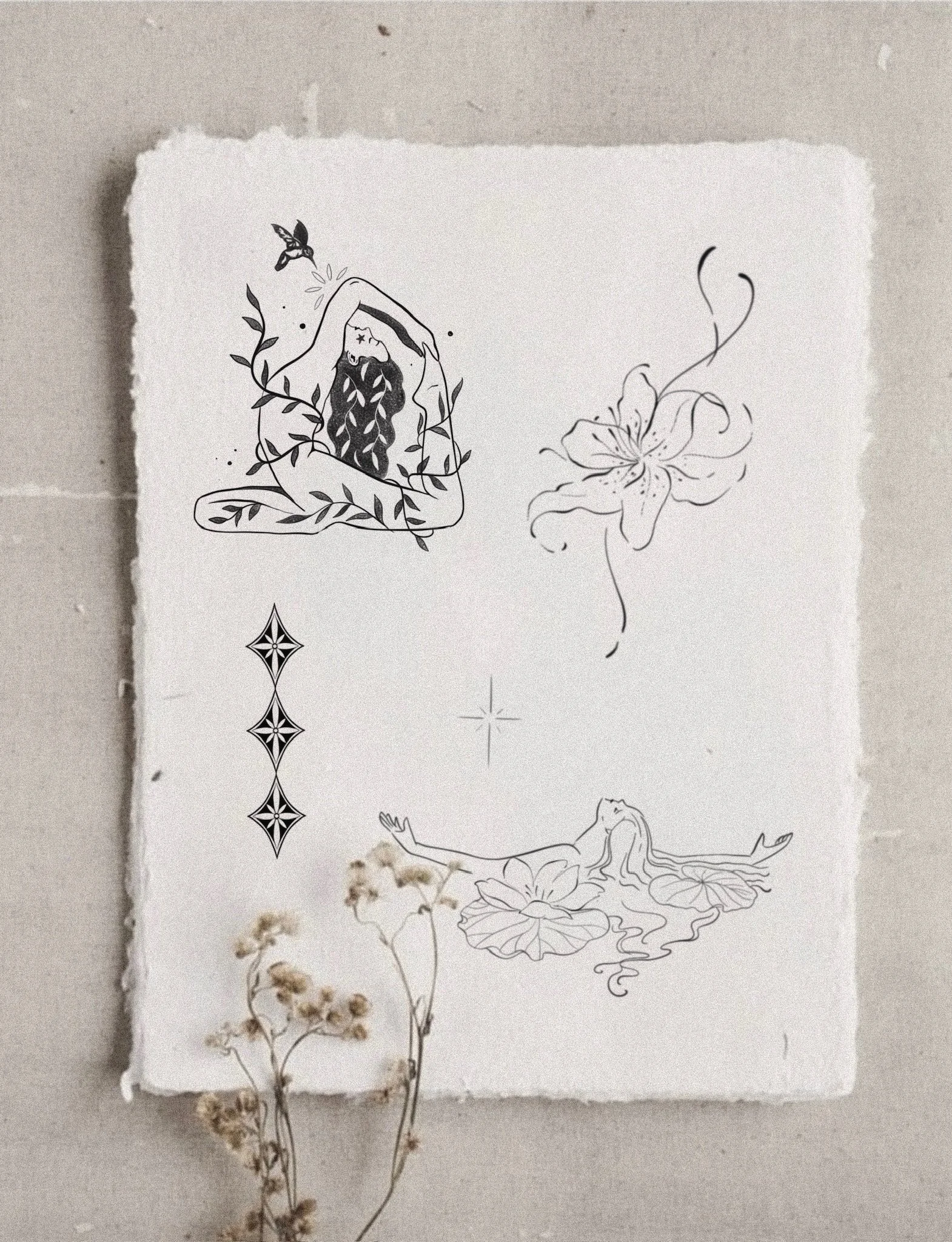 A piece of paper with four black line art illustrations including a woman with long seaweed-like hair and plants, a lily flower, a geometric design, and a woman with long hair lounging on a large lily pad with water lilies nearby, with dried flowers in the foreground.