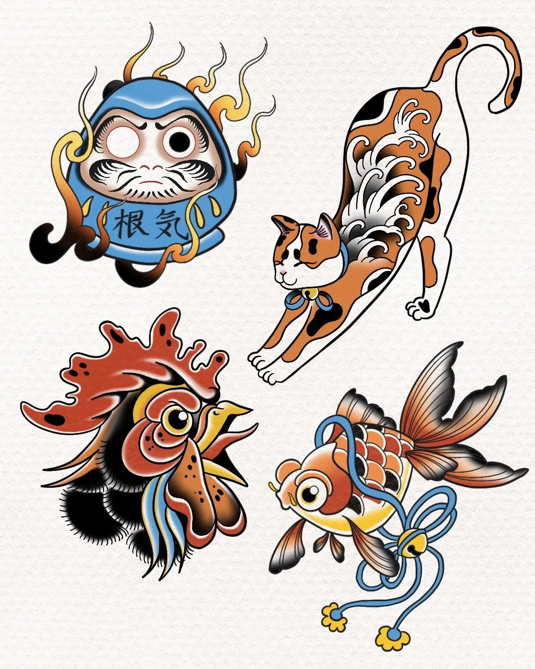 Tattoo of a stylized insect with a fierce face, colorful yellow, red, and black markings, and swirling details on its body