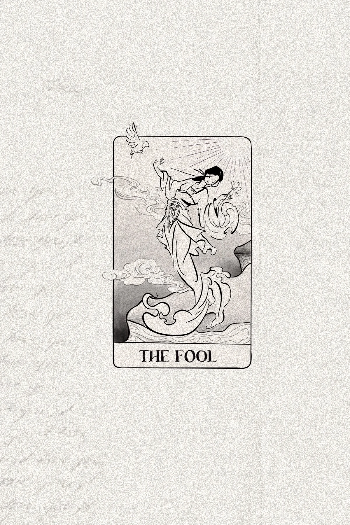 Black and white illustration of the Tarot card The Fool, showing a woman standing on a cliff with clouds and a bird above her, holding a flower.