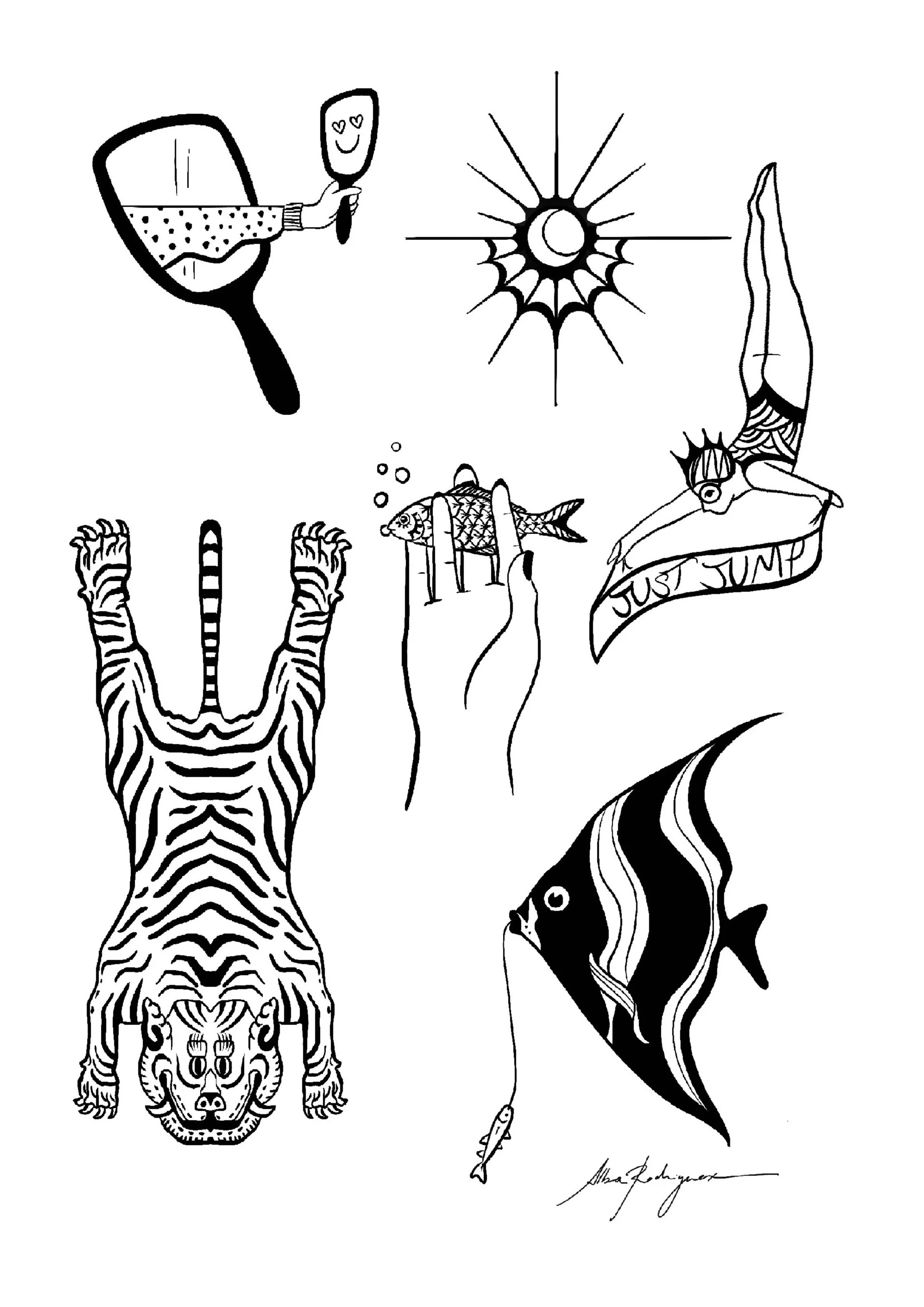 Black and white line drawing featuring a tiger, a fish, a diver performing a flip with a surfboard, a small fish being held, a sun and moon design with rays, a pair of sunglasses, and an artist's signature.