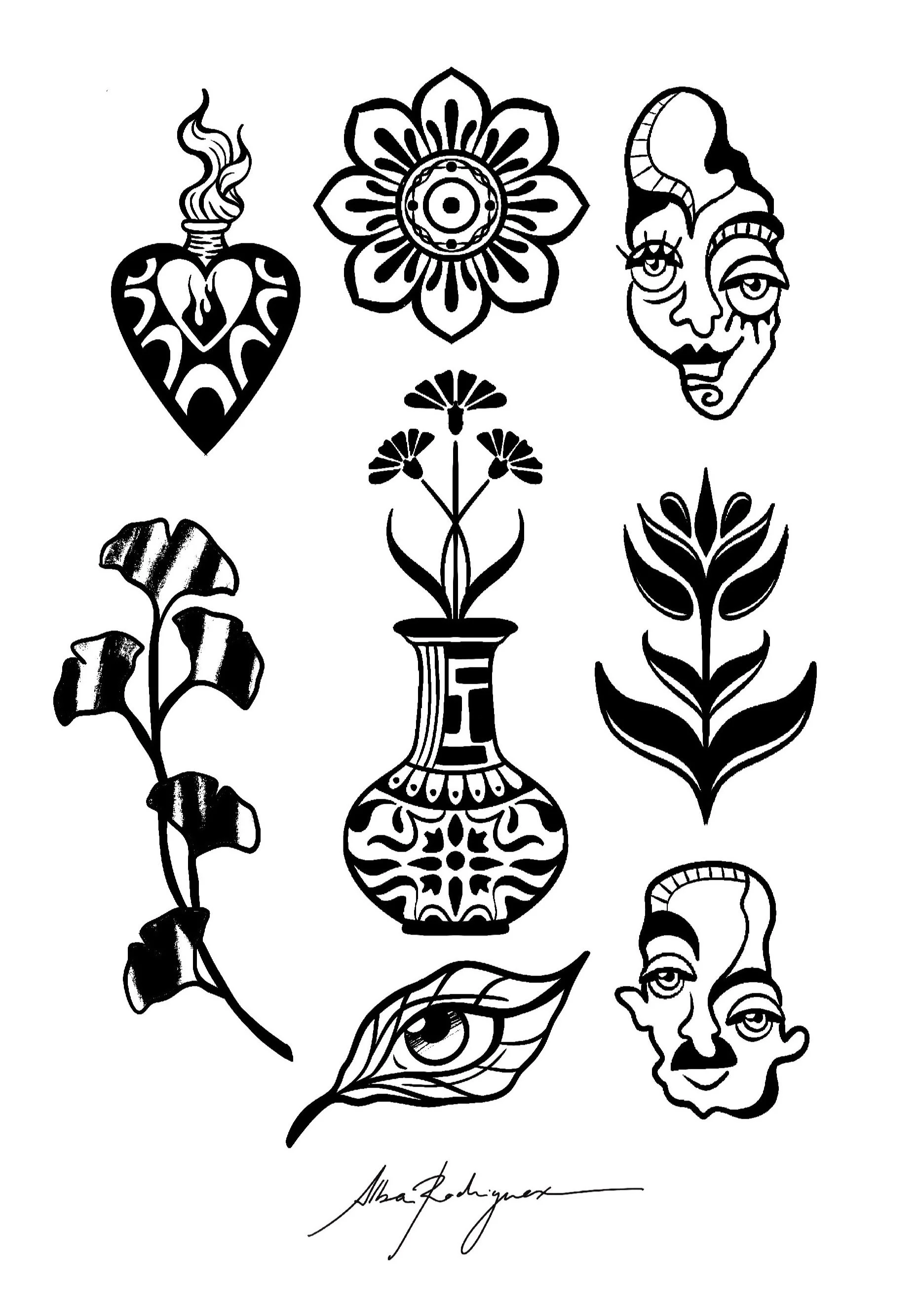 Collection of black and white tattoo-style illustrations, including a heart with a flame, a flower, a stylized face with abstract features, a vase with flowers, various leaves, and an eye, with signature at the bottom.