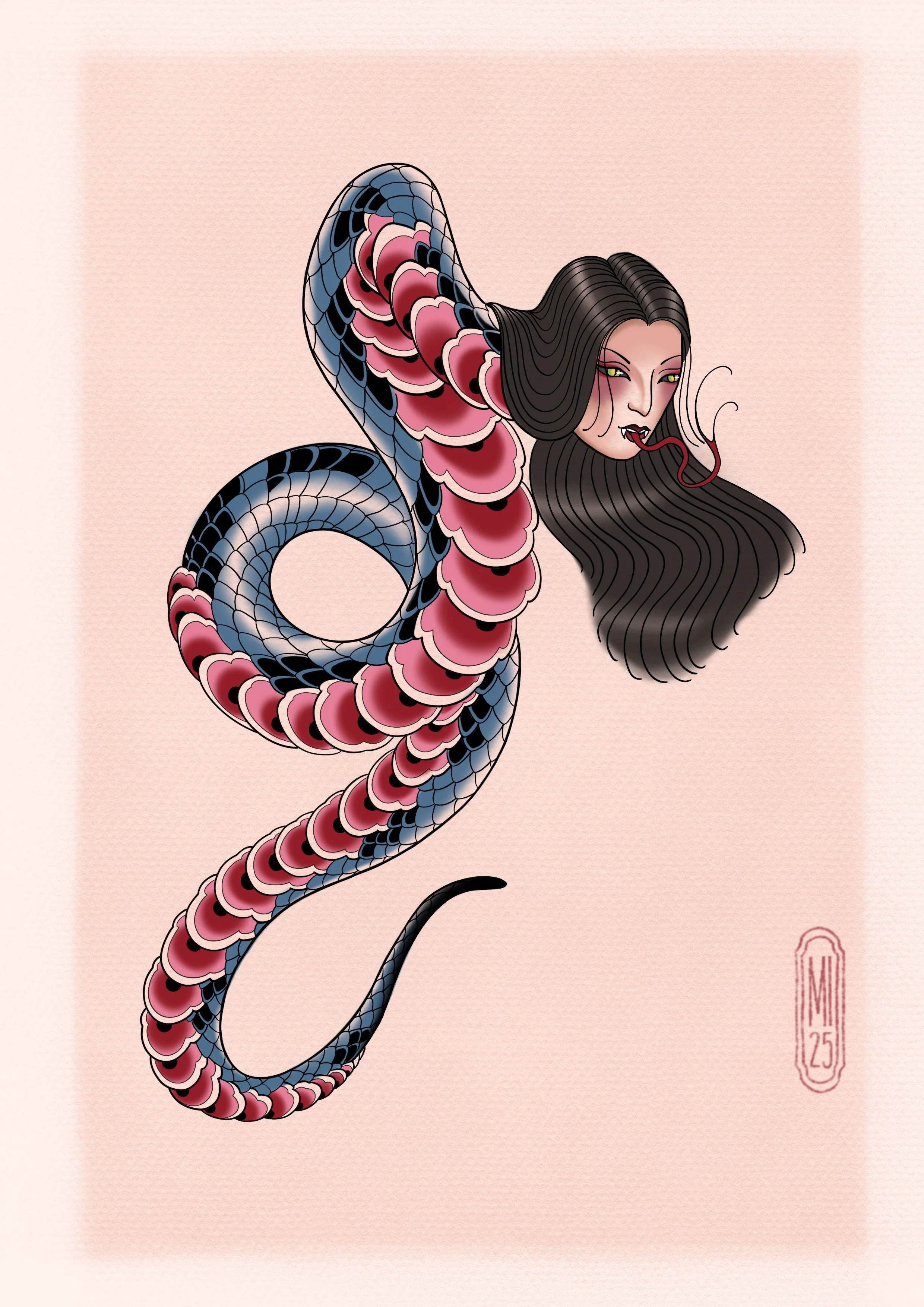 An artistic illustration of a woman with long black hair and snake-like lower body, blending human and serpent features. She has a seductive expression, piercing green eyes, and is smoking a cigarette.
