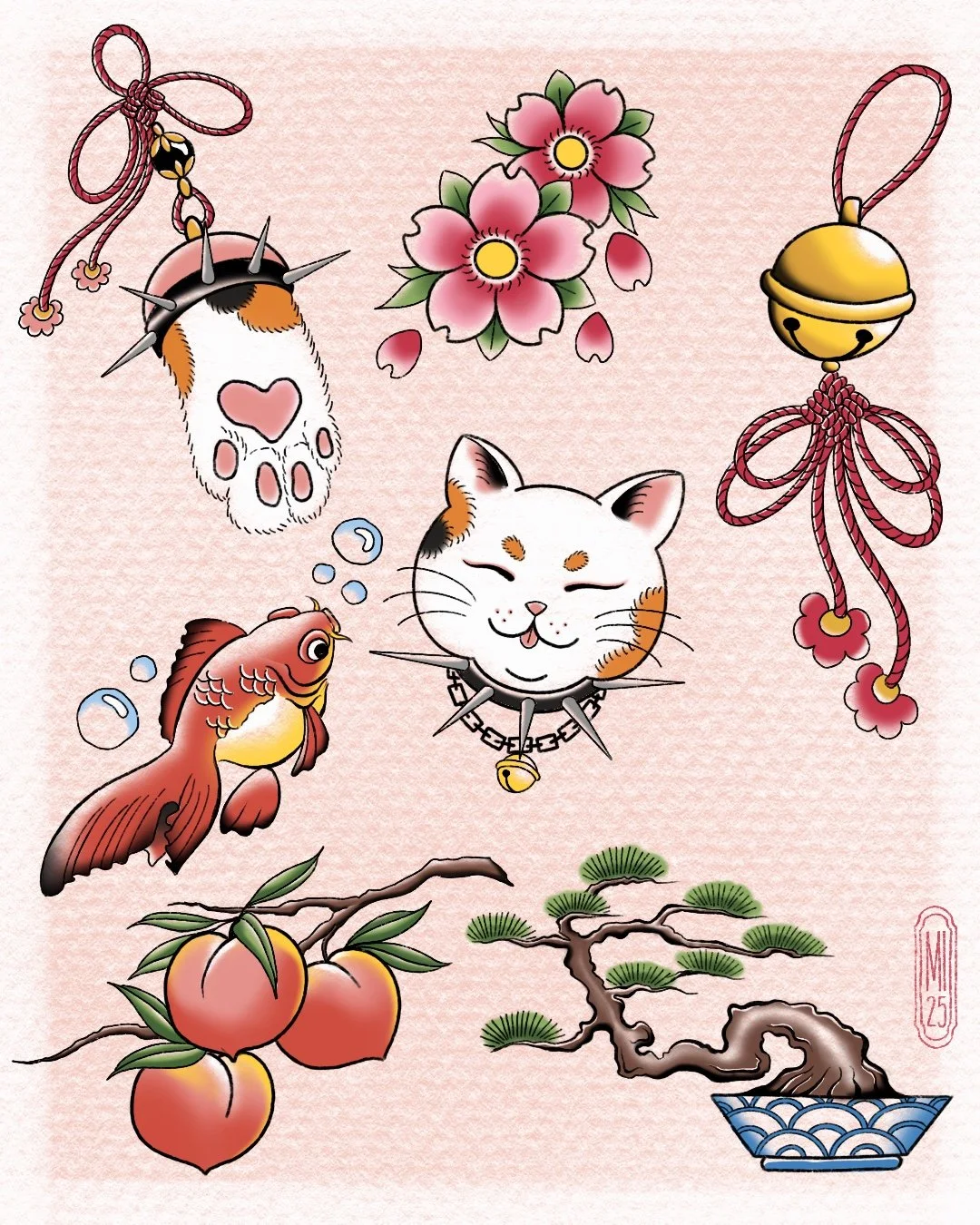 Japanese-themed artwork with a smiling calico cat wearing a spiked collar, surrounded by blowing pink cherry blossoms, a goldfish among bubbles, a peach tree with three peaches, and hanging decorative bells and bows against a light pink background.