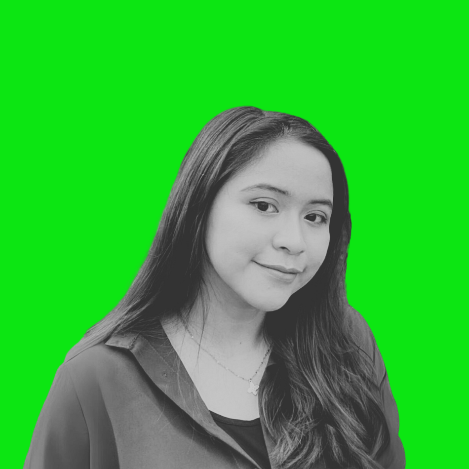 Black and white portrait of a woman with long hair against a bright green background.