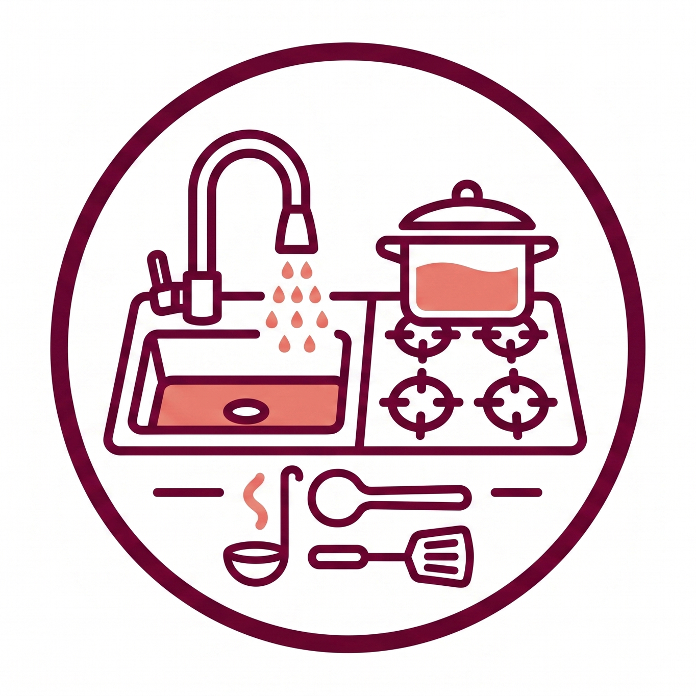 Illustration d'une cuisine avec évier, robinet, cuisinière à gaz avec casserole, outils de cuisine, tasse fumante et plaque de cuisson.