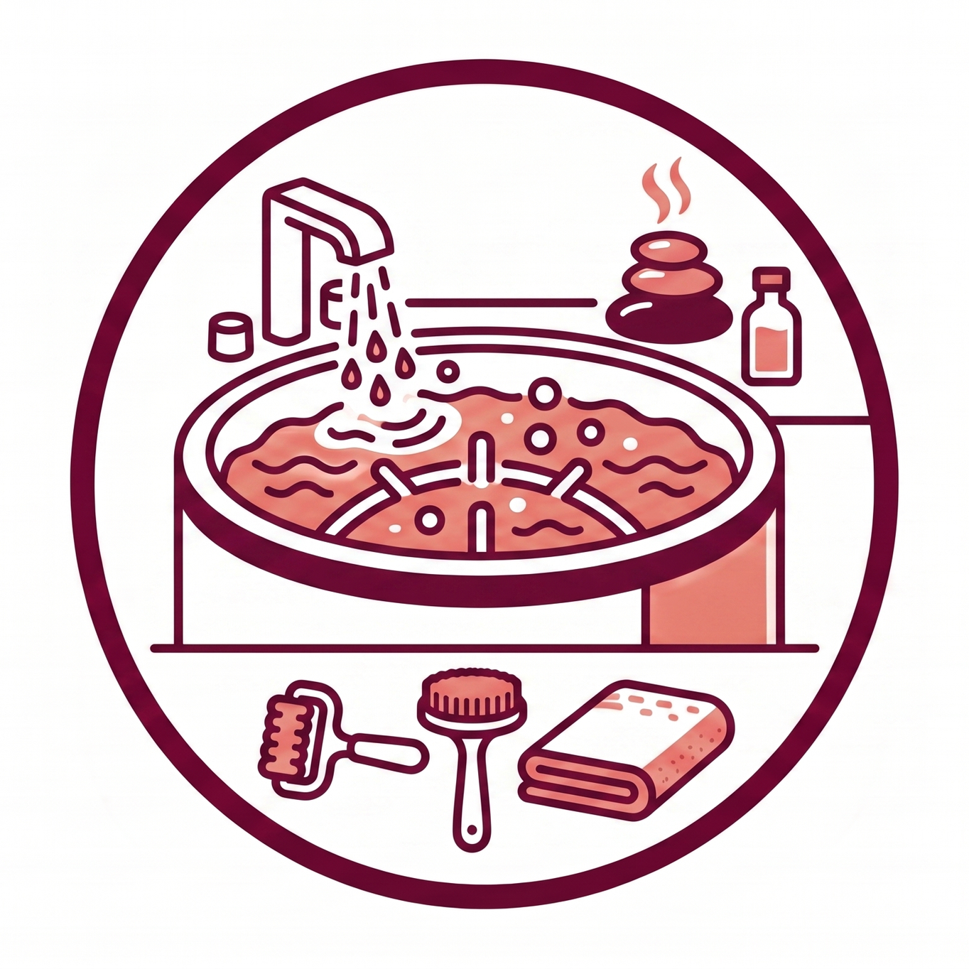 Illustration de spa avec bain chaud, pierres chauffantes, huiles essentielles, et accessoires de soins comme une brosse, une brosse de nettoyage, et des serviettes.